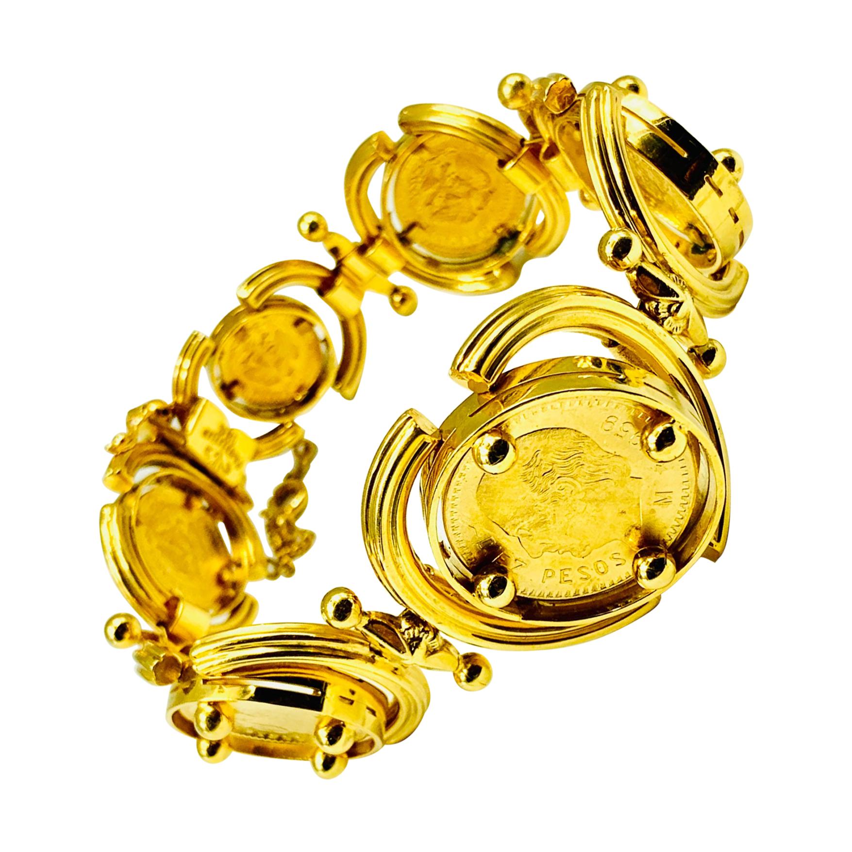 Fabulous large high carat gold coin bracelet composed of six graduated 24K gold coins set in an unusual articulated 18K gold setting. This interesting design allows for eye-catching movement of the coins as they grace one's wrist. Six solid gold