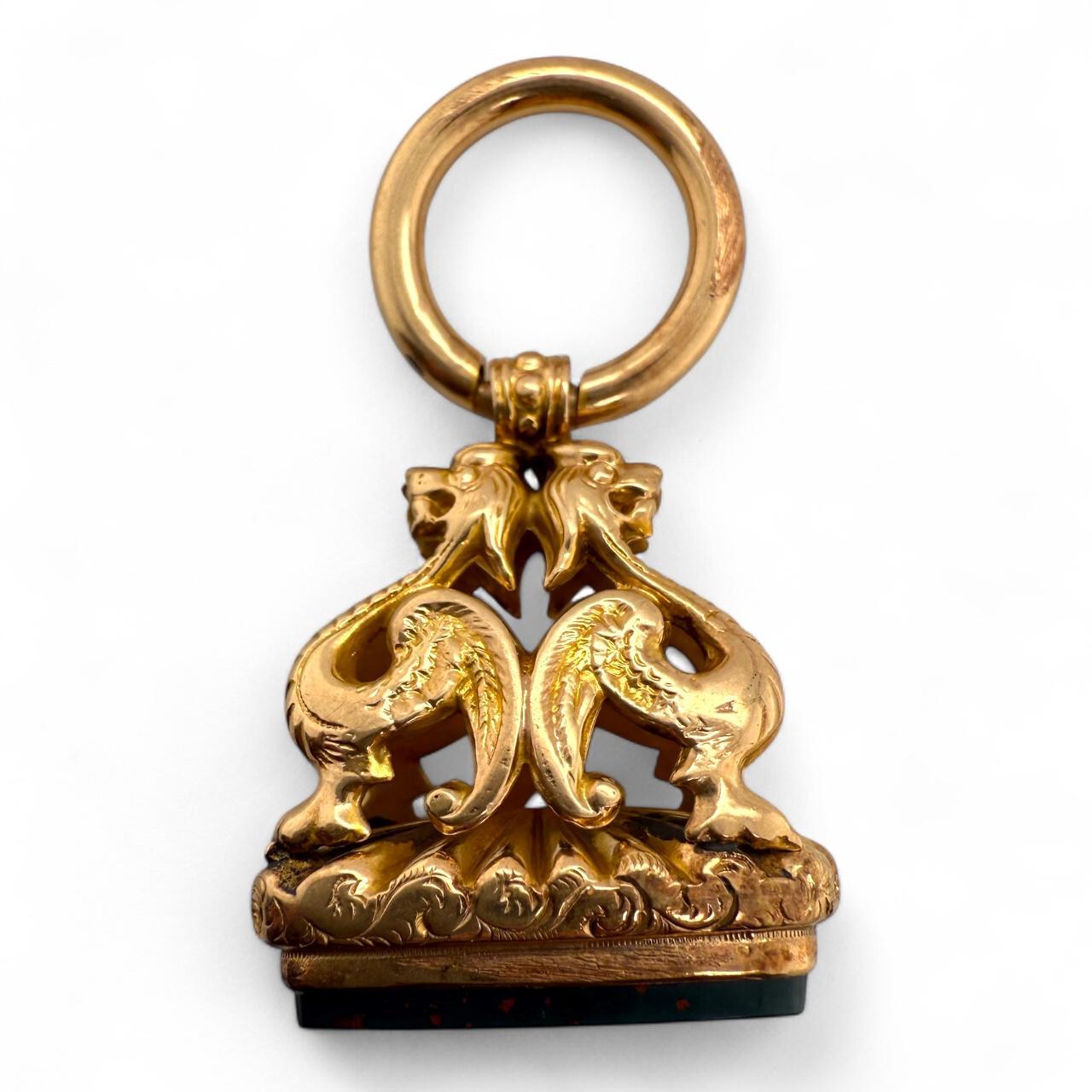 Vintage Large Griffin Bloodstone Watch Fob Anhänger 14K Rose Gold im Angebot 5