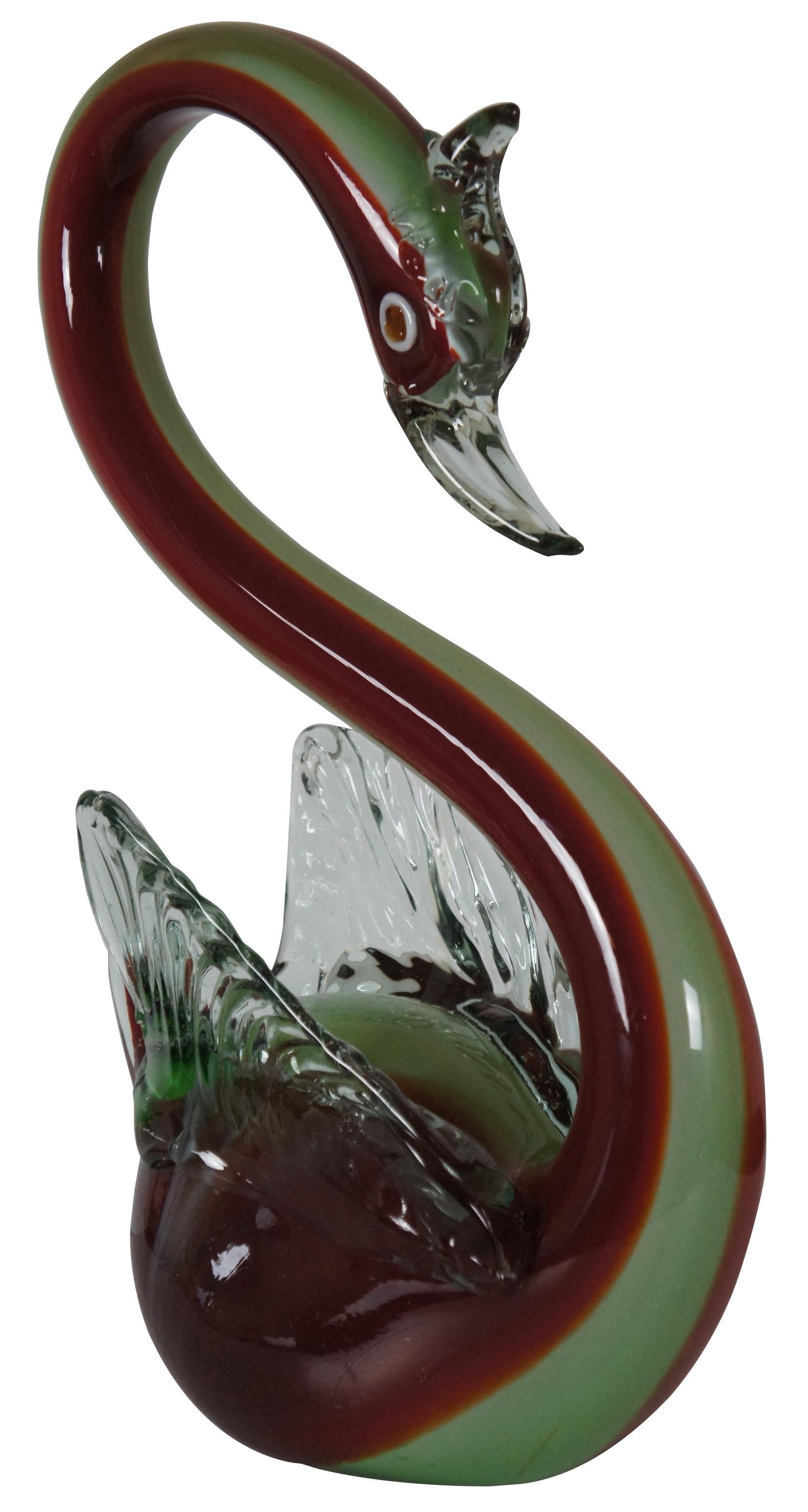 Vintage hand blown Murano art glass swan or goose sculpture in swirling red and green; unsigned. Attributed to Archimede Seguso. Measure: 19