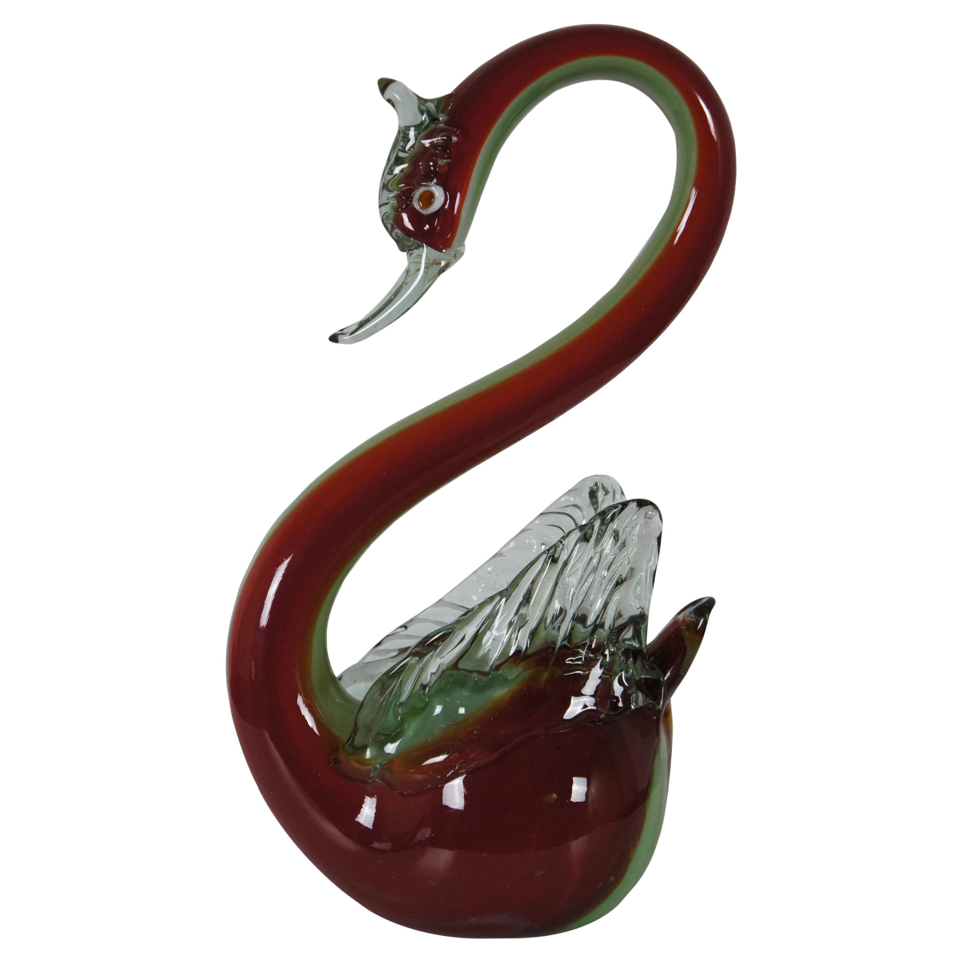 Vintage Large Hand Blown Red & Green Murano Glass Swan Goose Italy Sculpture For Sale