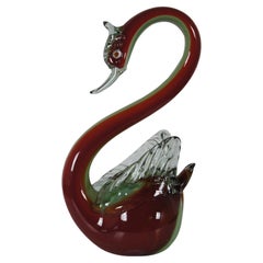 Retro Large Hand Blown Red & Green Murano Glass Swan Goose Italy Sculpture