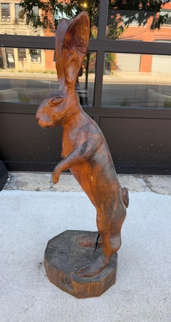 Vintage Large Hand Carved Wood Rabbit Sculpture
