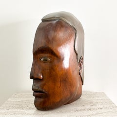 Vintage Large Hand-Carved Wooden Male Bust Sculpture Wall Sculpture