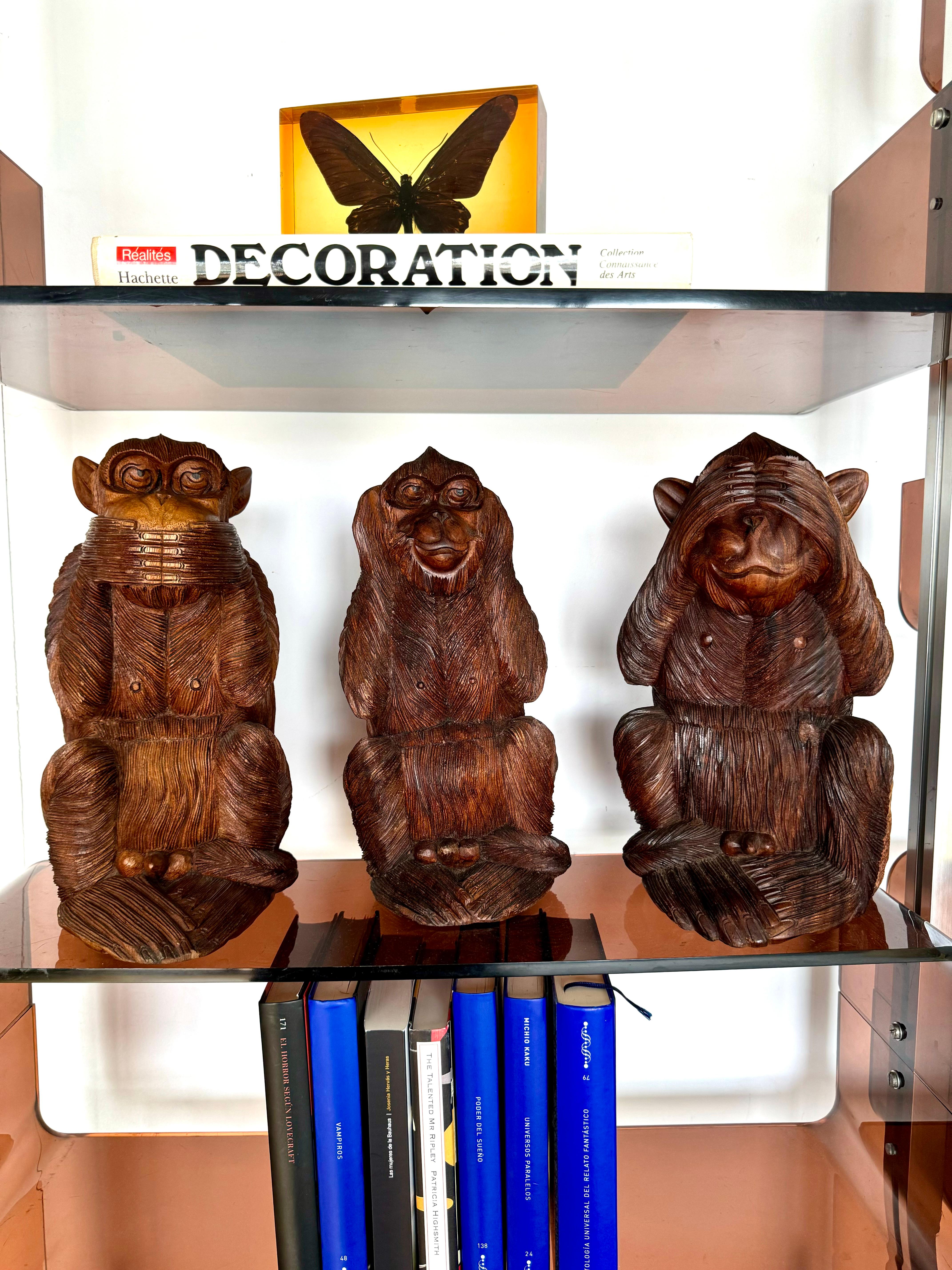 Vintage large hand-Carved wooden Three Wise Monkeys set Edo-Period Style 11