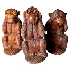 Vintage large hand-Carved wooden Three Wise Monkeys set Edo-Period Style