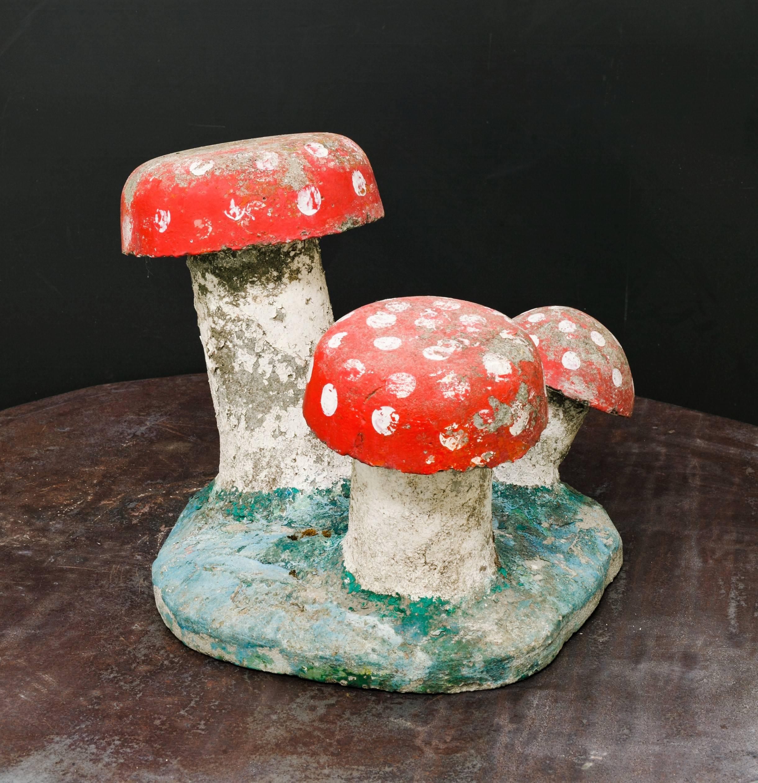 Vintage, Large Hand-Painted Concrete Toadstool Garden Sculpture In Excellent Condition In Houston, TX