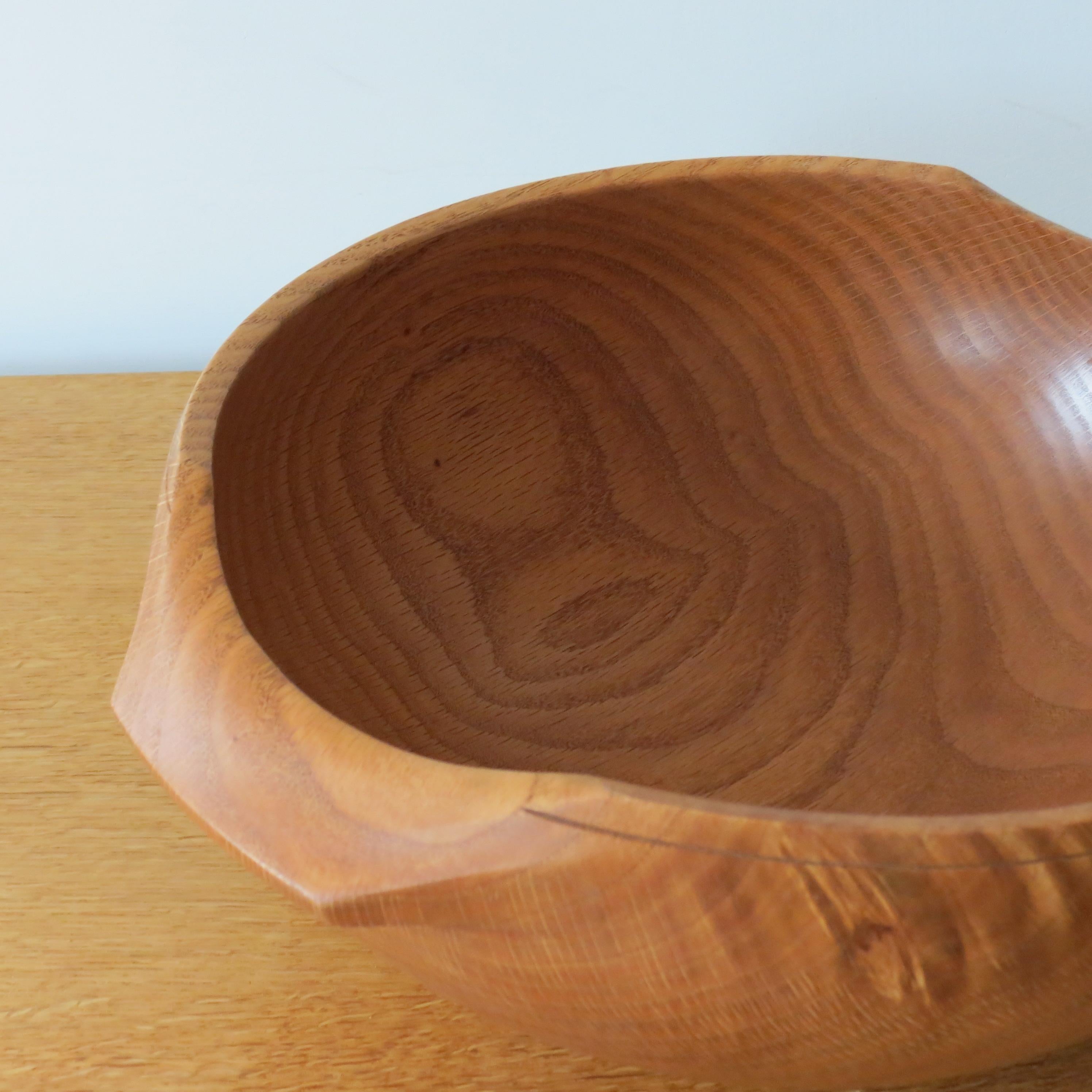 Vintage Large Hand Turned Oak Wooden Bowl With Sculptural Handles 3