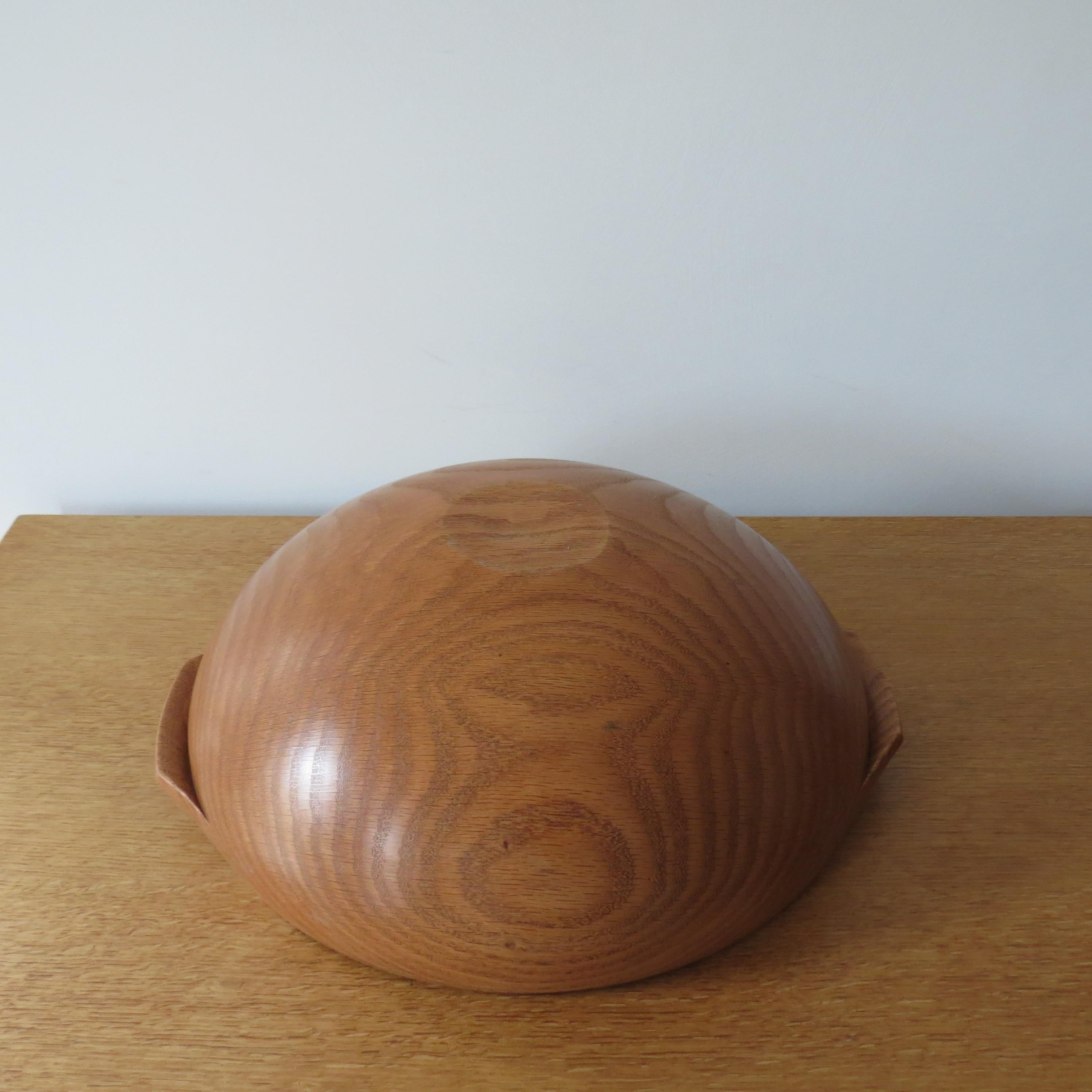 Vintage Large Hand Turned Oak Wooden Bowl With Sculptural Handles 6