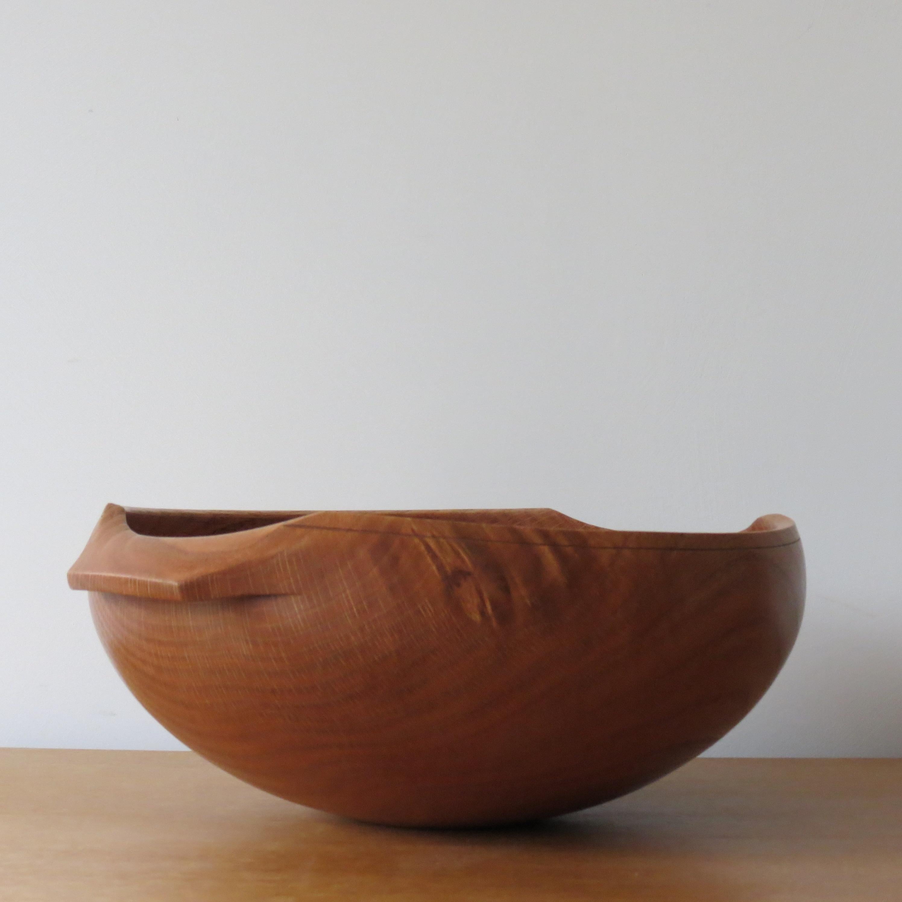 European Vintage Large Hand Turned Oak Wooden Bowl With Sculptural Handles