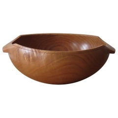 Vintage Large Hand Turned Oak Wooden Bowl With Sculptural Handles