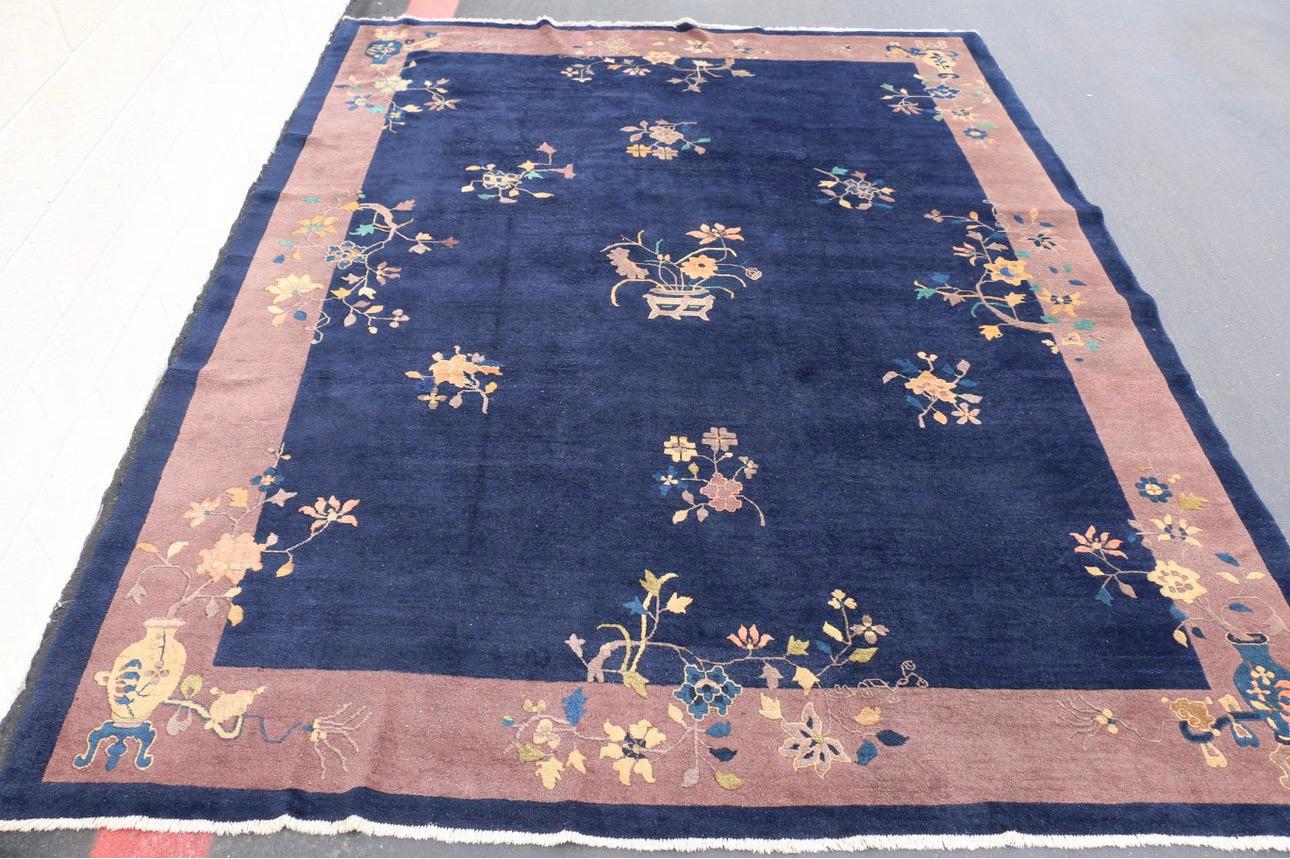 Vintage Large Hand Woven Wool Floral Oriental Art Deco Chinese Rug (Art déco) im Angebot