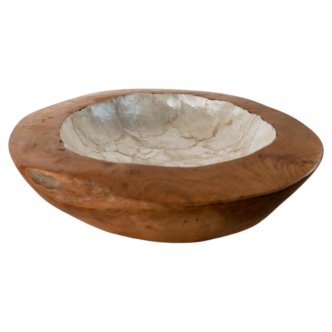 Vintage Large Handcrafted Wooden Bowl with Mother of Pearl Inlay, 1960s