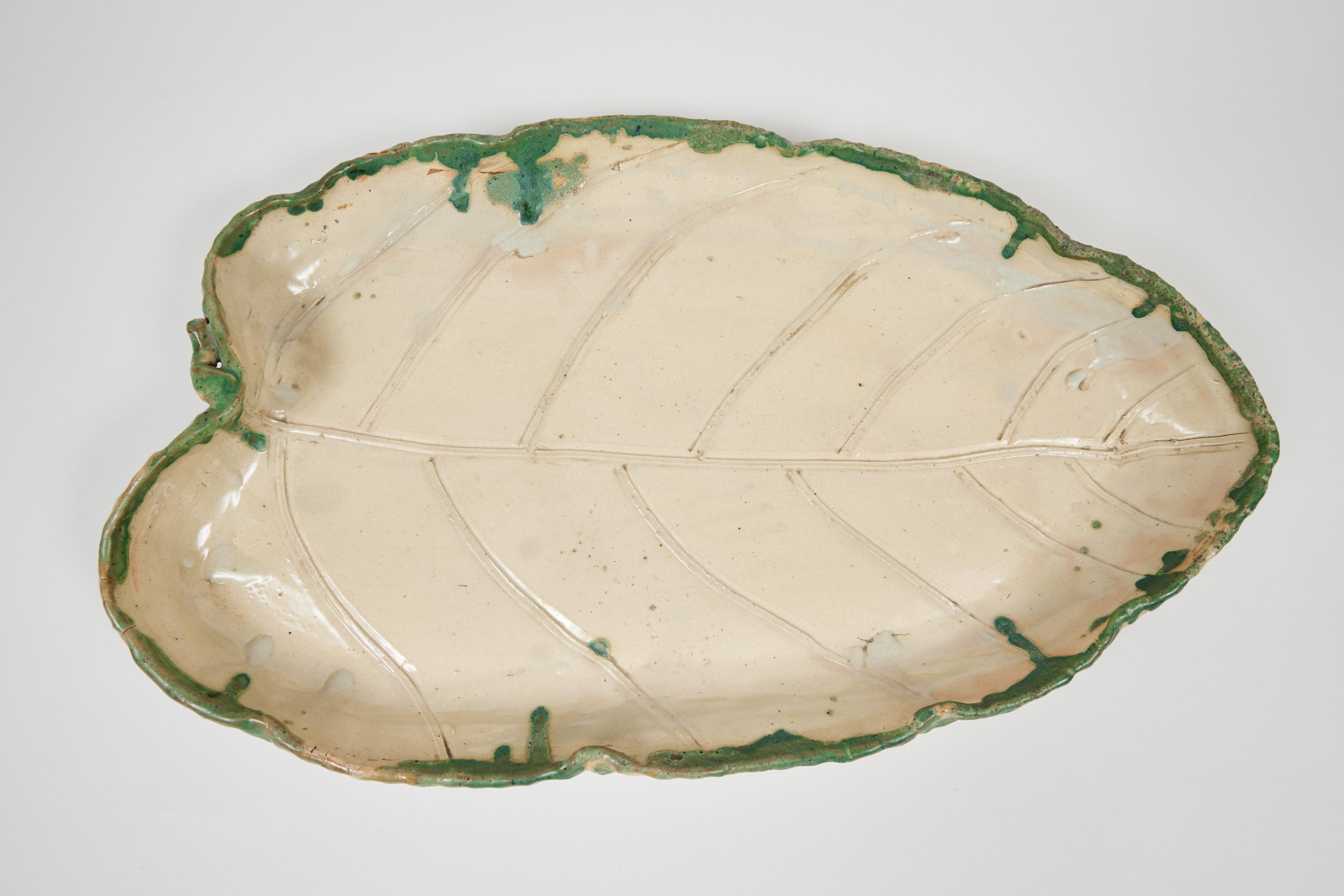 Hand-Painted Vintage Large Handmade Japanese Pottery Leaf Tray 