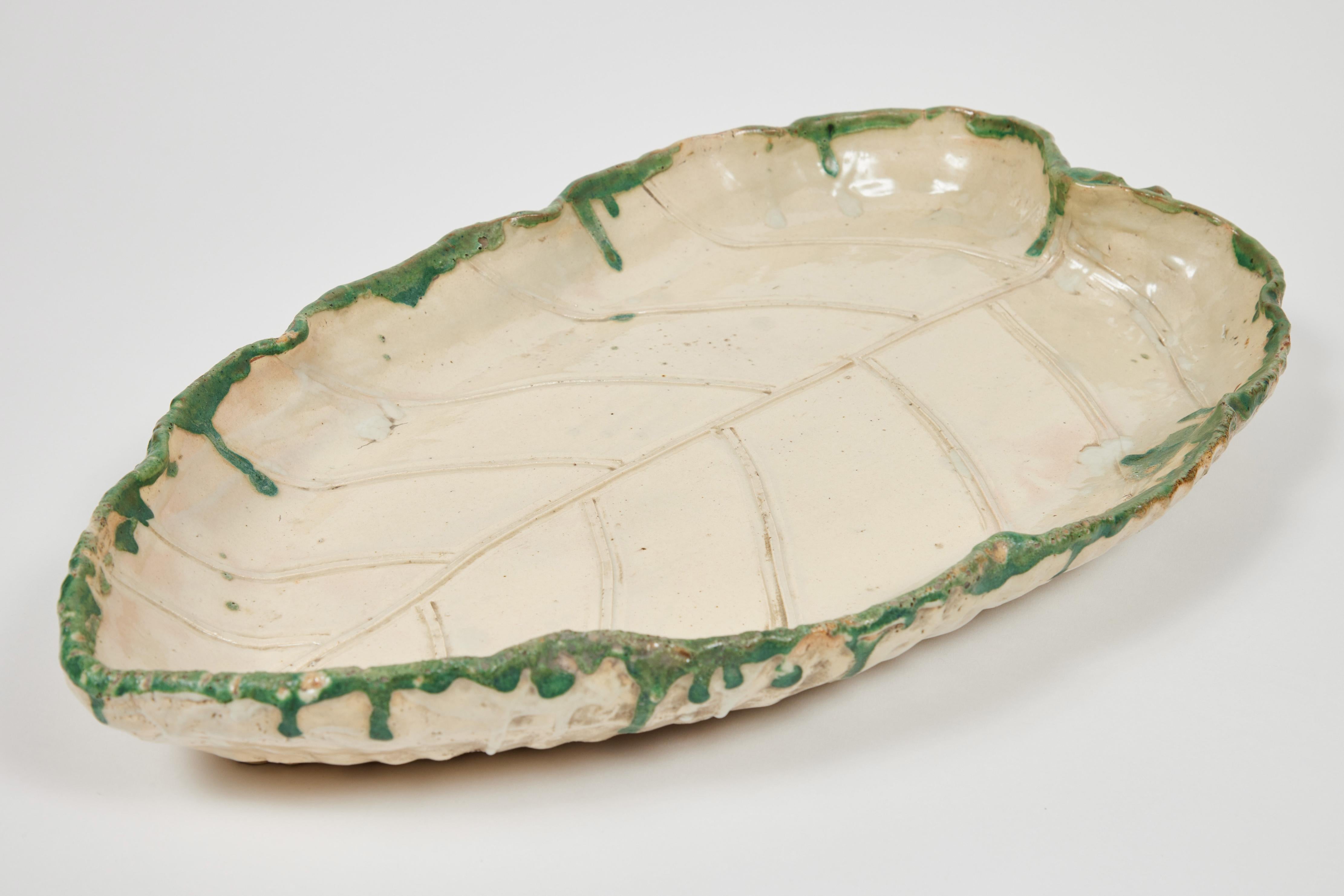 Vintage Large Handmade Japanese Pottery Leaf Tray  In Good Condition In Pasadena, CA