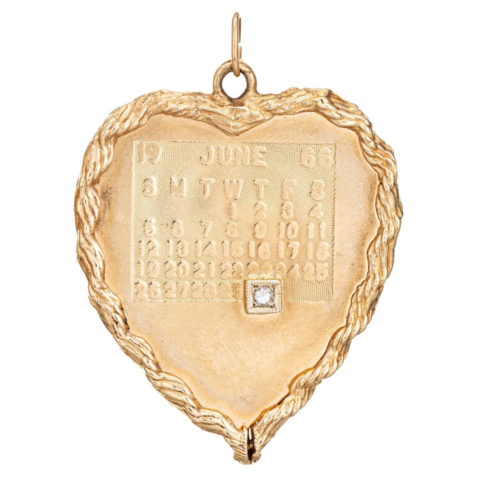 Vintage Large Heart Charm Calendar Pendant June 30th 1966 Estate Fine Jewelry For Sale