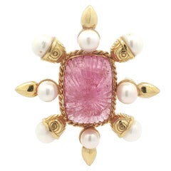 Vintage Large Heavy 18k Yellow Gold Carved Pink Tourmaline w/ Pearl Pin Brooch