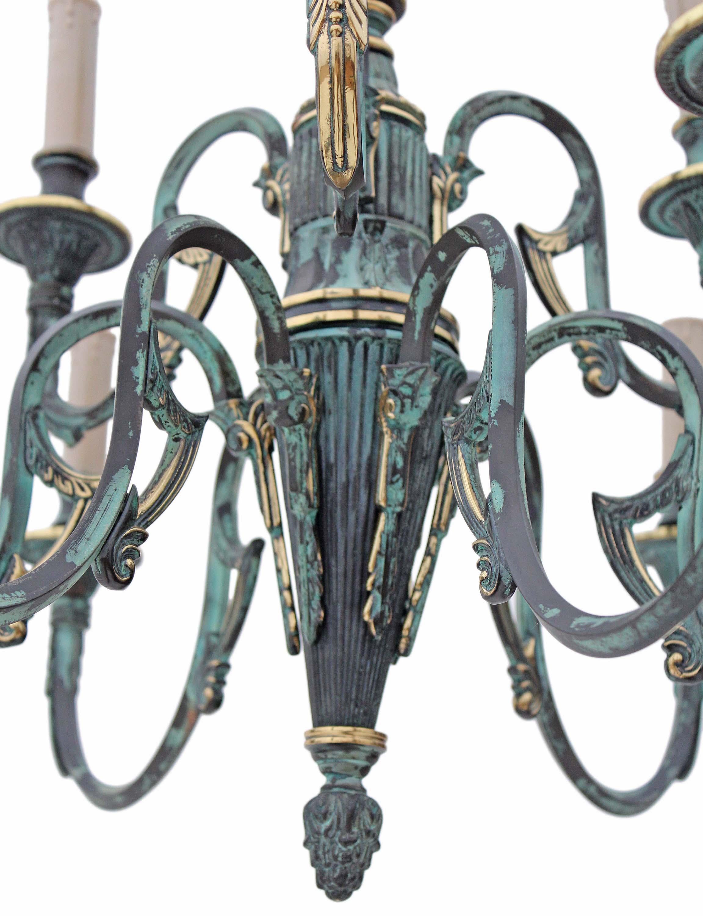 Contemporary Vintage large heavy Gothic 9 lamp brass bronze chandelier For Sale