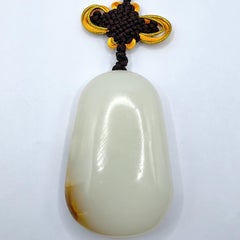 Vintage Large Hetian White Jade 和田白玉 Russet Skin Palm Stone with Jade Bead Cord