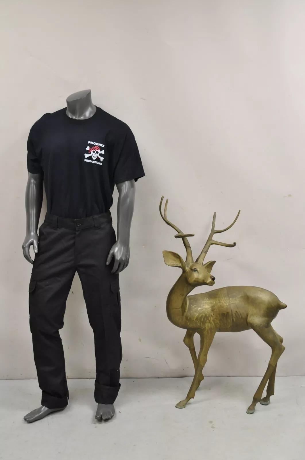 Vintage Large Hollywood Regency Brass Deer Stag Statue Sculpture. Circa Mid 20th Century. Measurements: 45