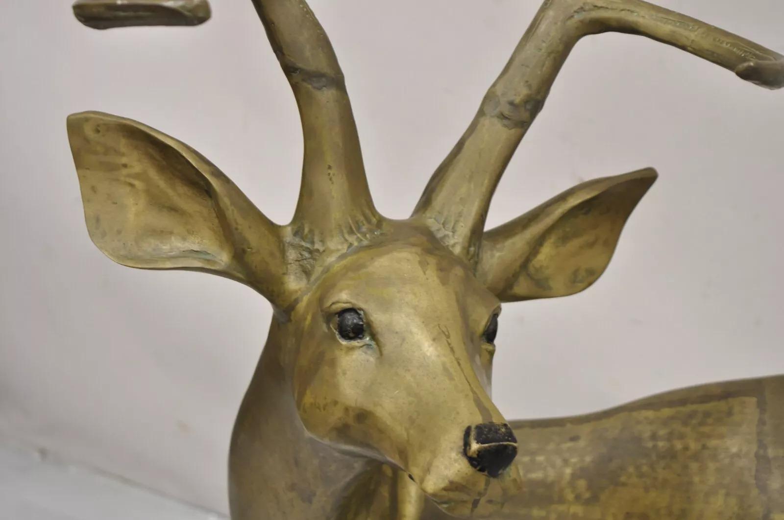 Vintage Large Hollywood Regency Brass Deer Stag Statue Sculpture In Good Condition For Sale In Philadelphia, PA