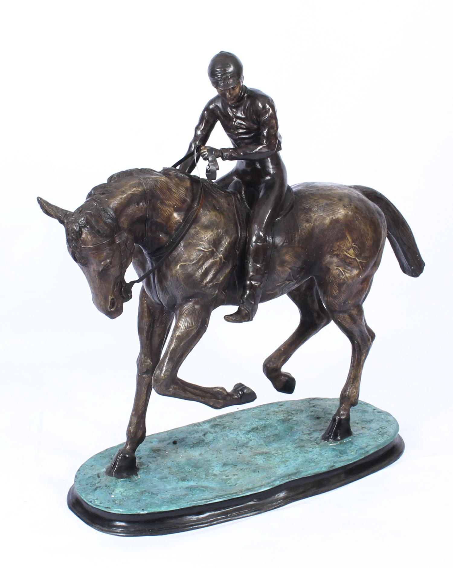 Grande sculpture en bronze vintage Mene avec cheval et jockey, 20me sicle en vente 11
