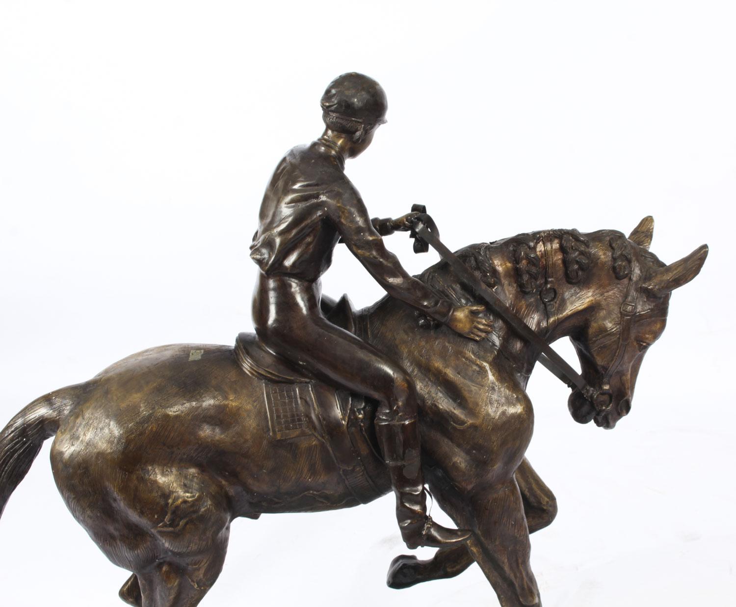 Grande sculpture en bronze vintage Mene avec cheval et jockey, 20me sicle en vente 4