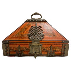 Vintage Large Indian Dowry Box with Ornate Brass Hinges and Paint Decoration