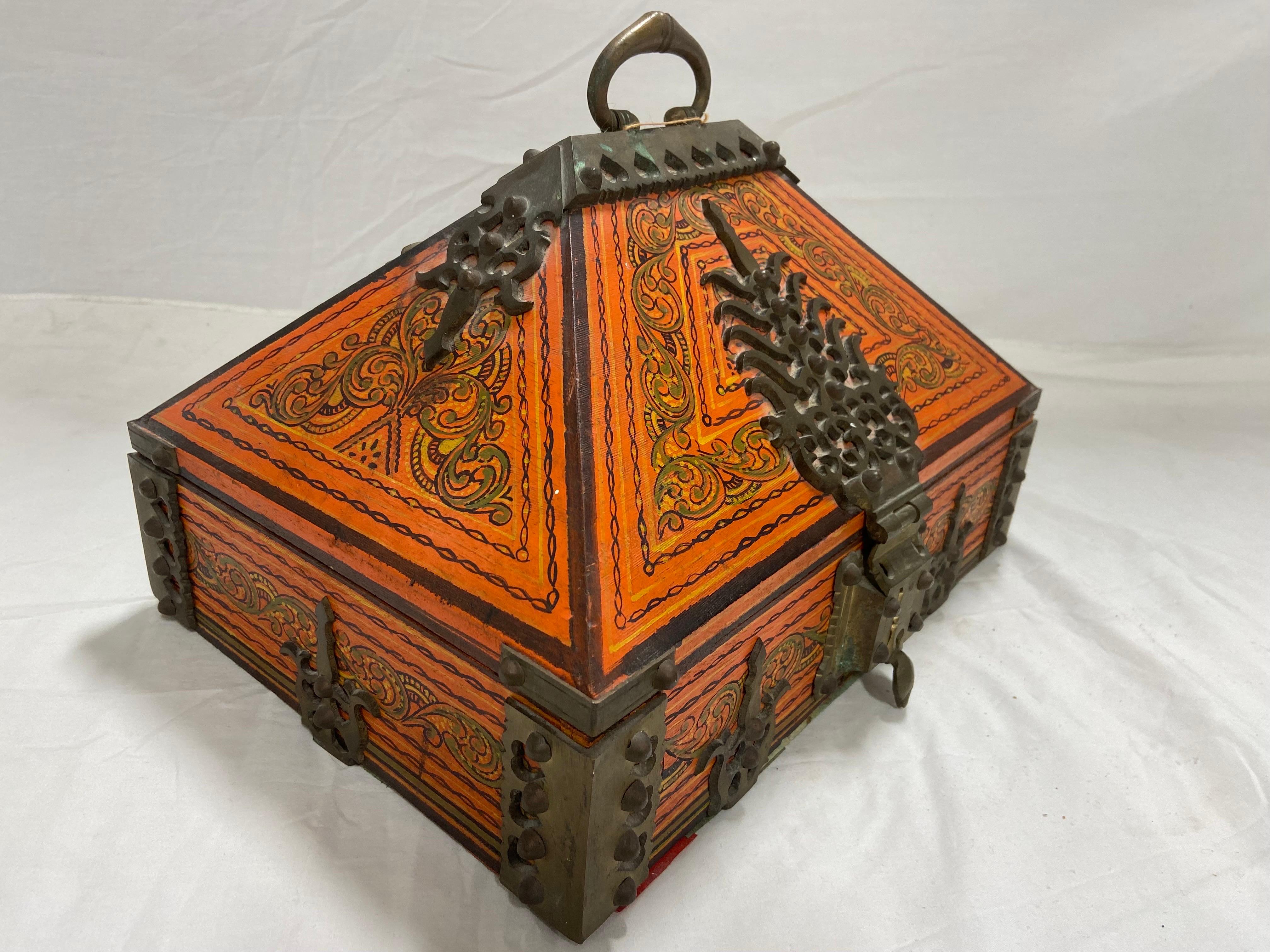 Anglo-Indian Vintage Large Indian Dowry Box with Ornate Brass Hinges and Paint Decoration