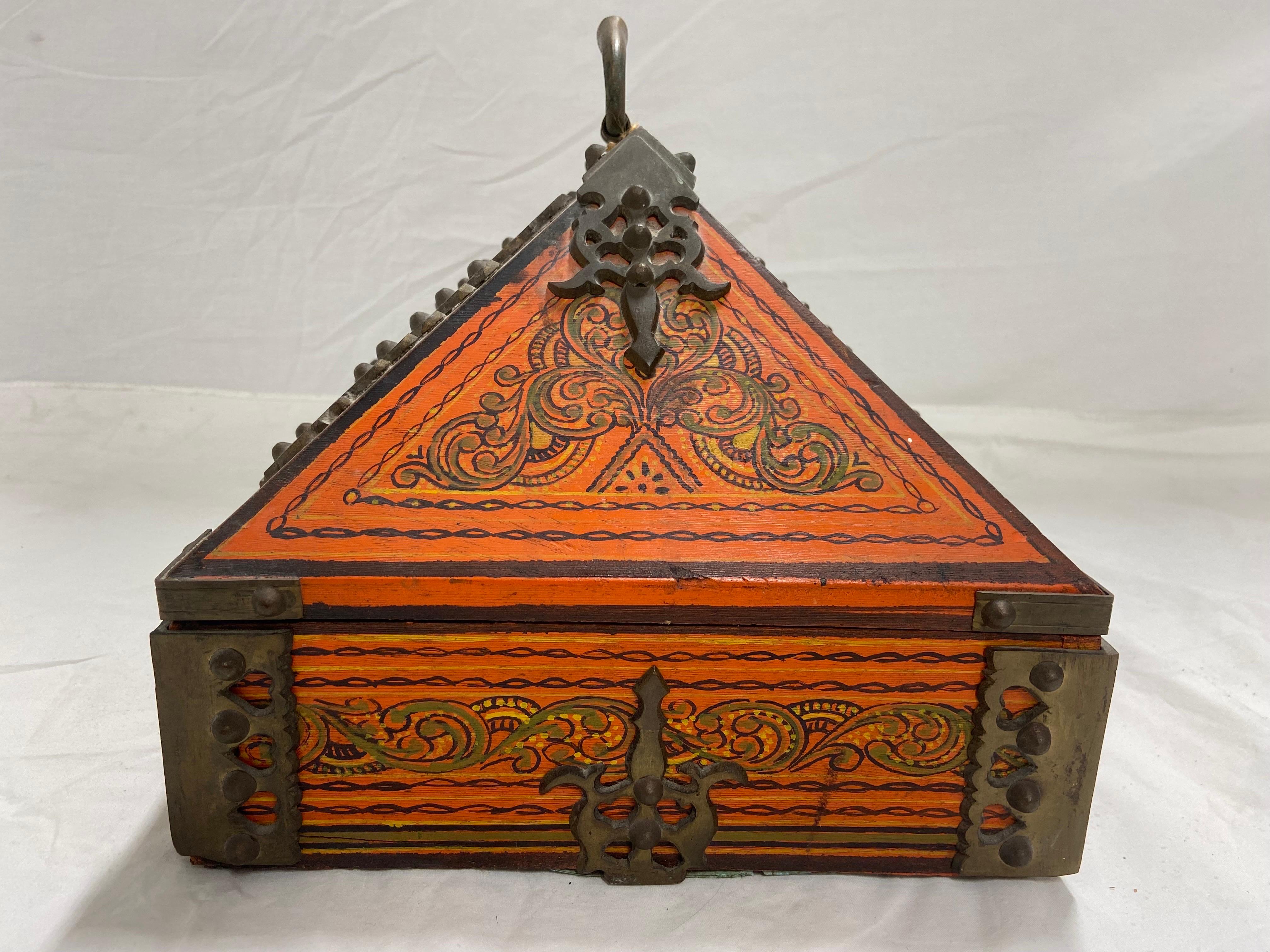 Hand-Painted Vintage Large Indian Dowry Box with Ornate Brass Hinges and Paint Decoration
