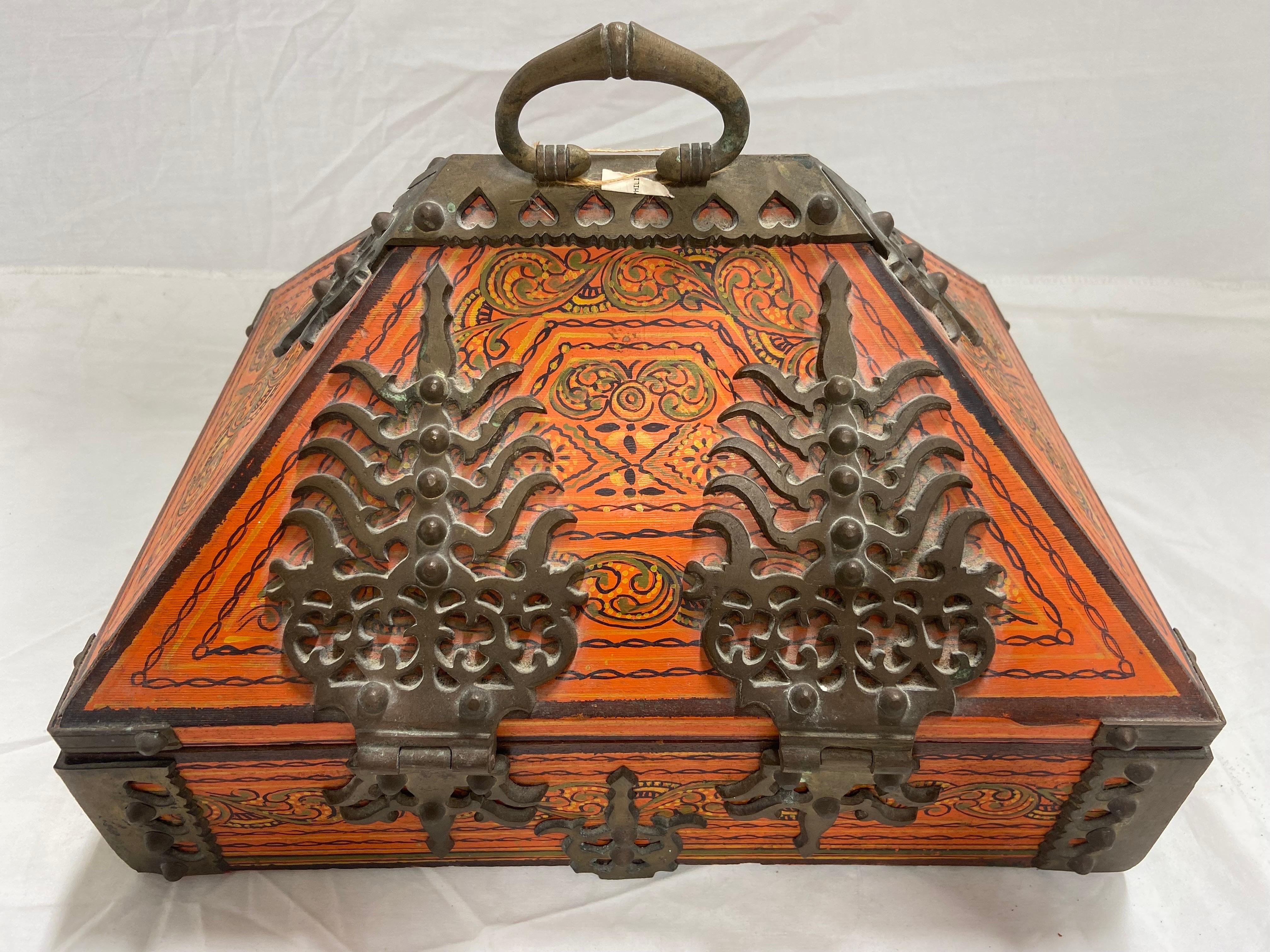 20th Century Vintage Large Indian Dowry Box with Ornate Brass Hinges and Paint Decoration
