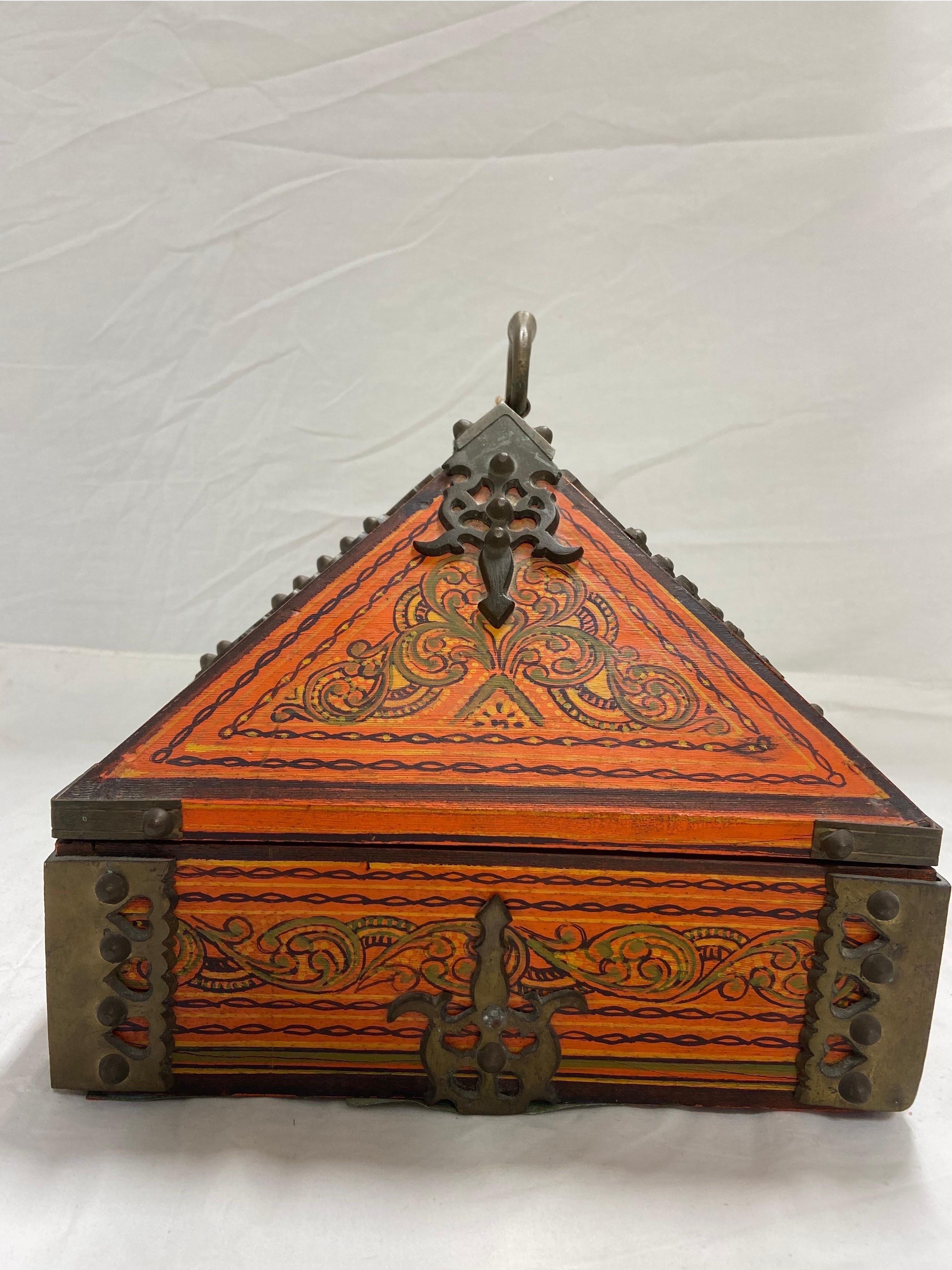 Vintage Large Indian Dowry Box with Ornate Brass Hinges and Paint Decoration 2