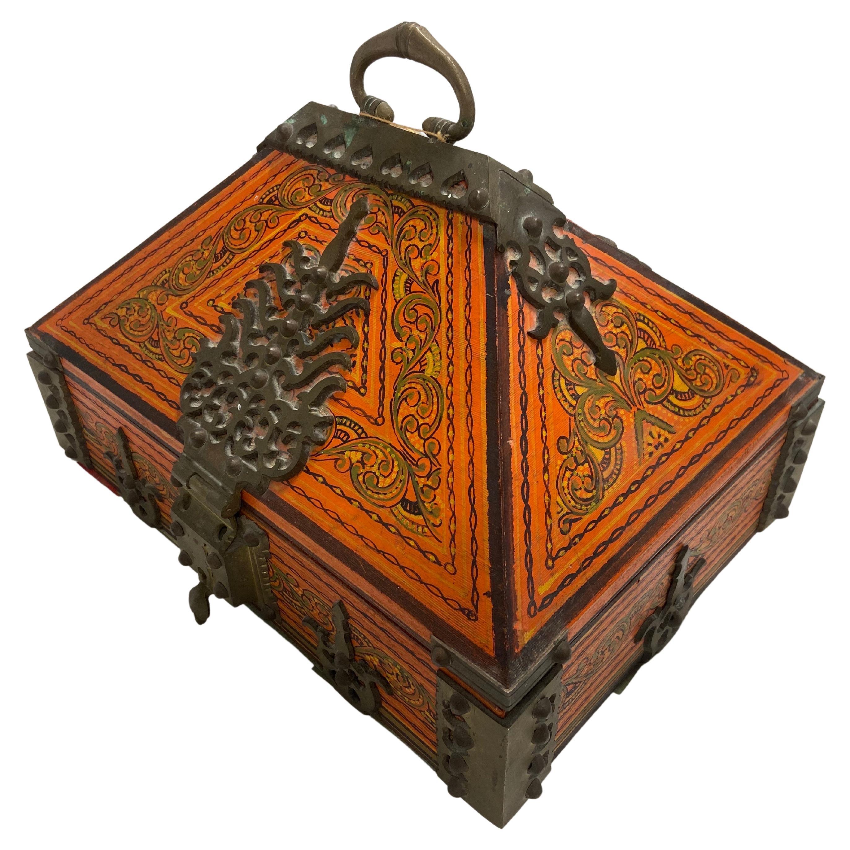 Vintage Large Indian Dowry Box with Ornate Brass Hinges and Paint Decoration