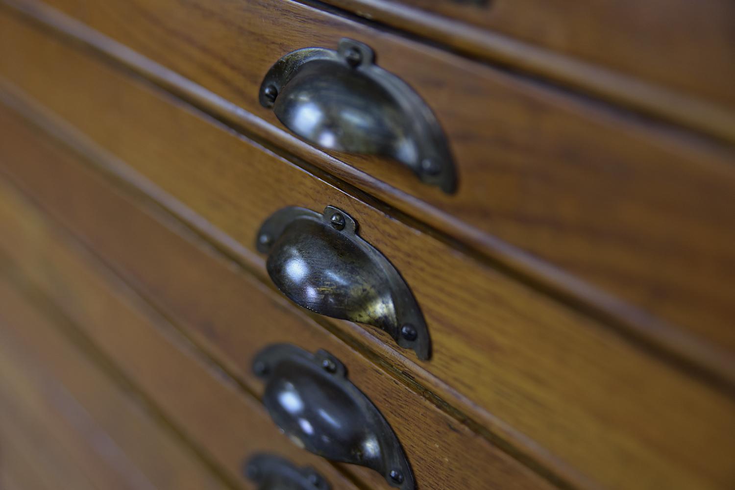 Brass Original Vintage Large Industrial Oak Wood File Cabinet with Multiple Drawers For Sale