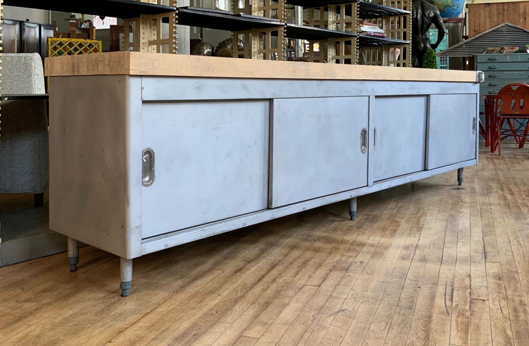 American Vintage Large Industrial Steel Cabinet with Butcher Block Top