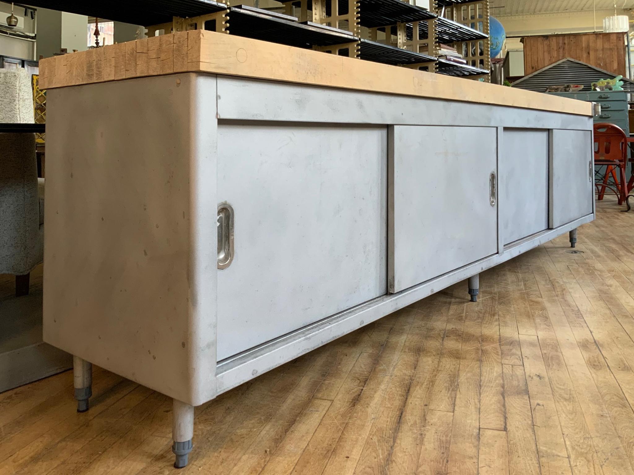 Vintage Large Industrial Steel Cabinet with Butcher Block Top In Good Condition In Hudson, NY