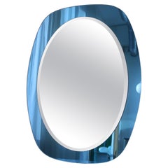 Vintage Large Italian 1970s Oval Wall Mirror Sapphire Blue Glass