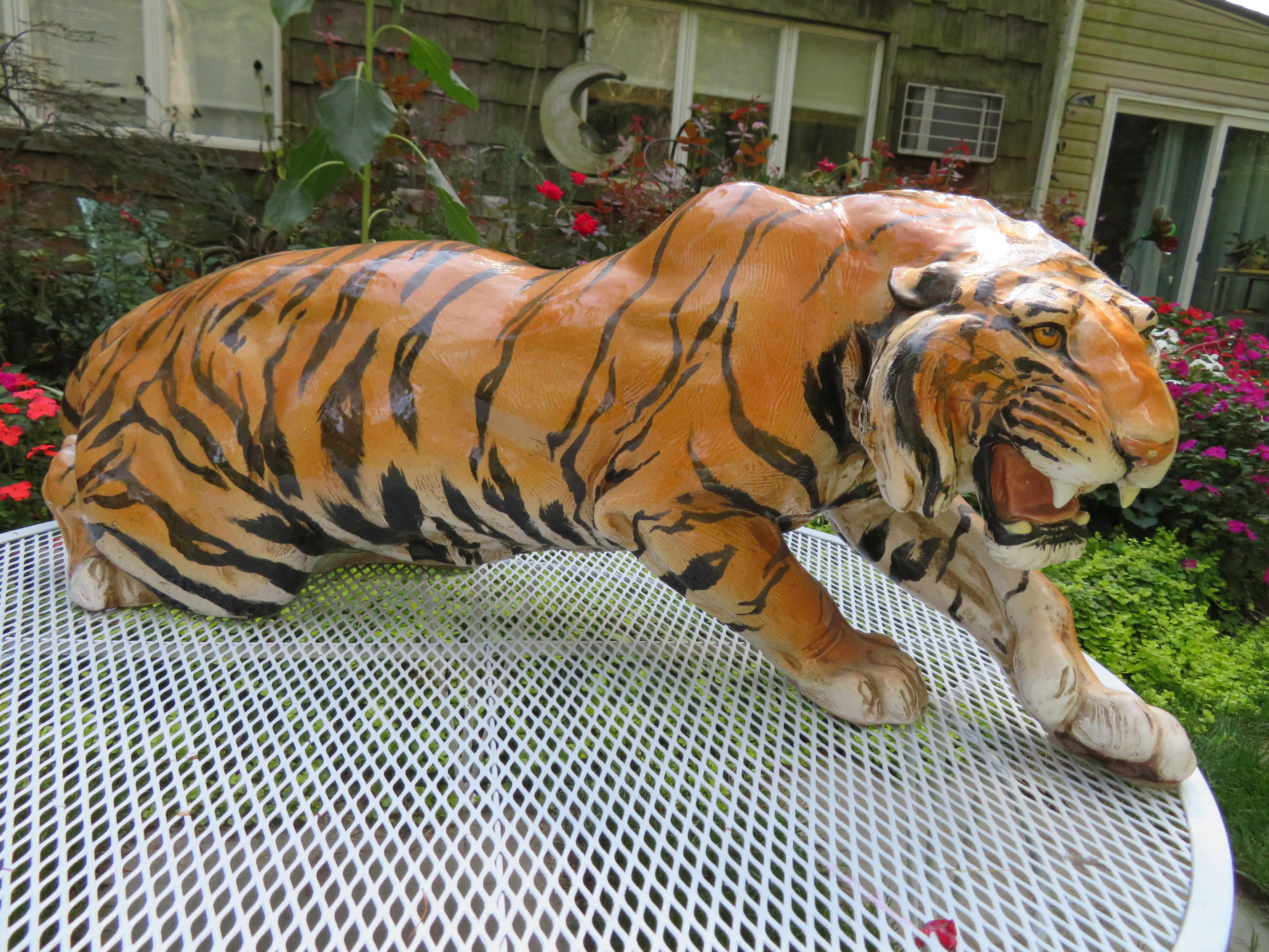 Vintage Large Italian Ceramic Crouching Tiger Statue Miid-Century Modern For Sale 6