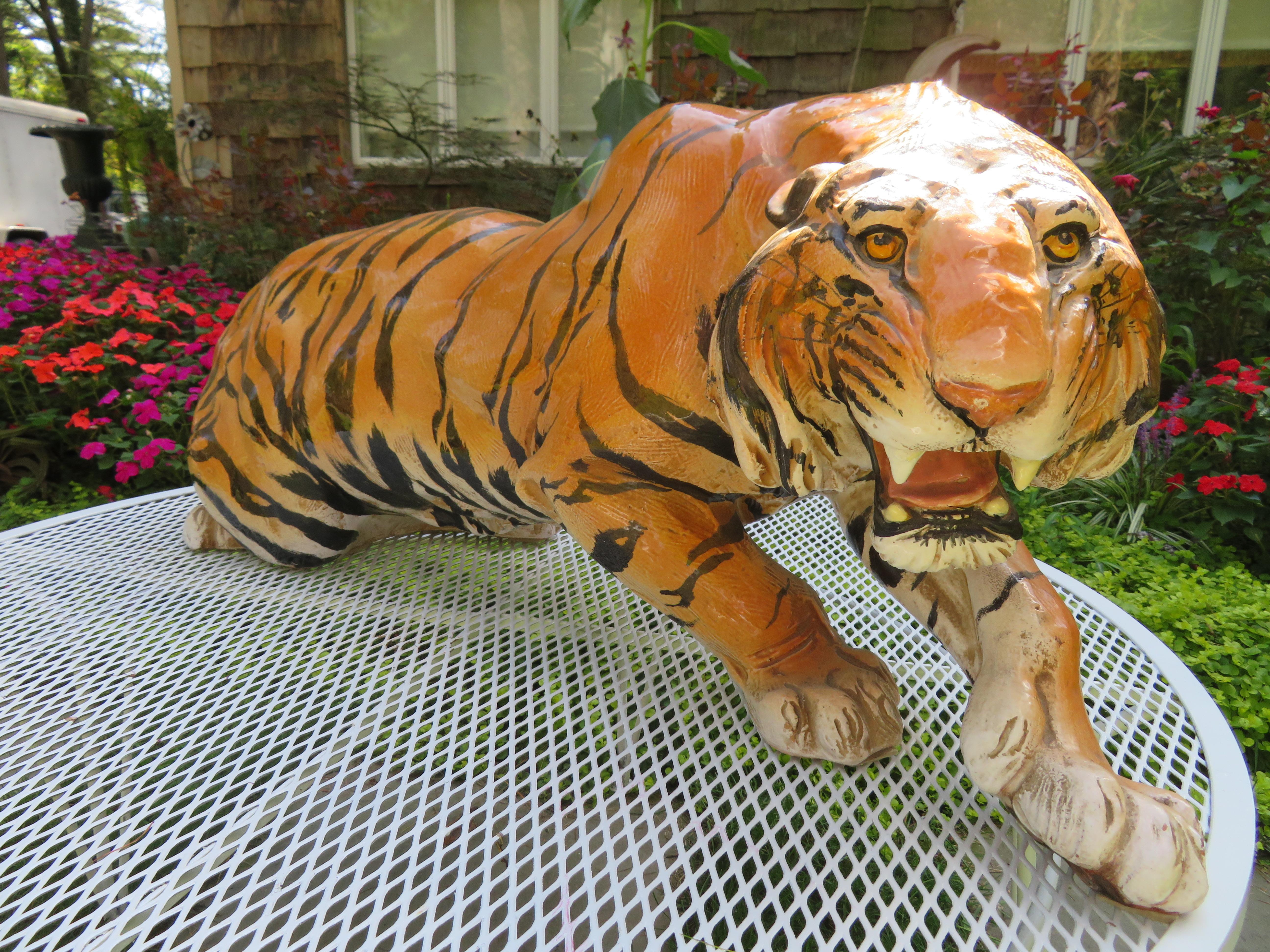 Lovely large vintage Italian crouching tiger statue. Hand-painted thick red clay ceramic with made in Italy stamped on the underside. This piece measures a whopping 15