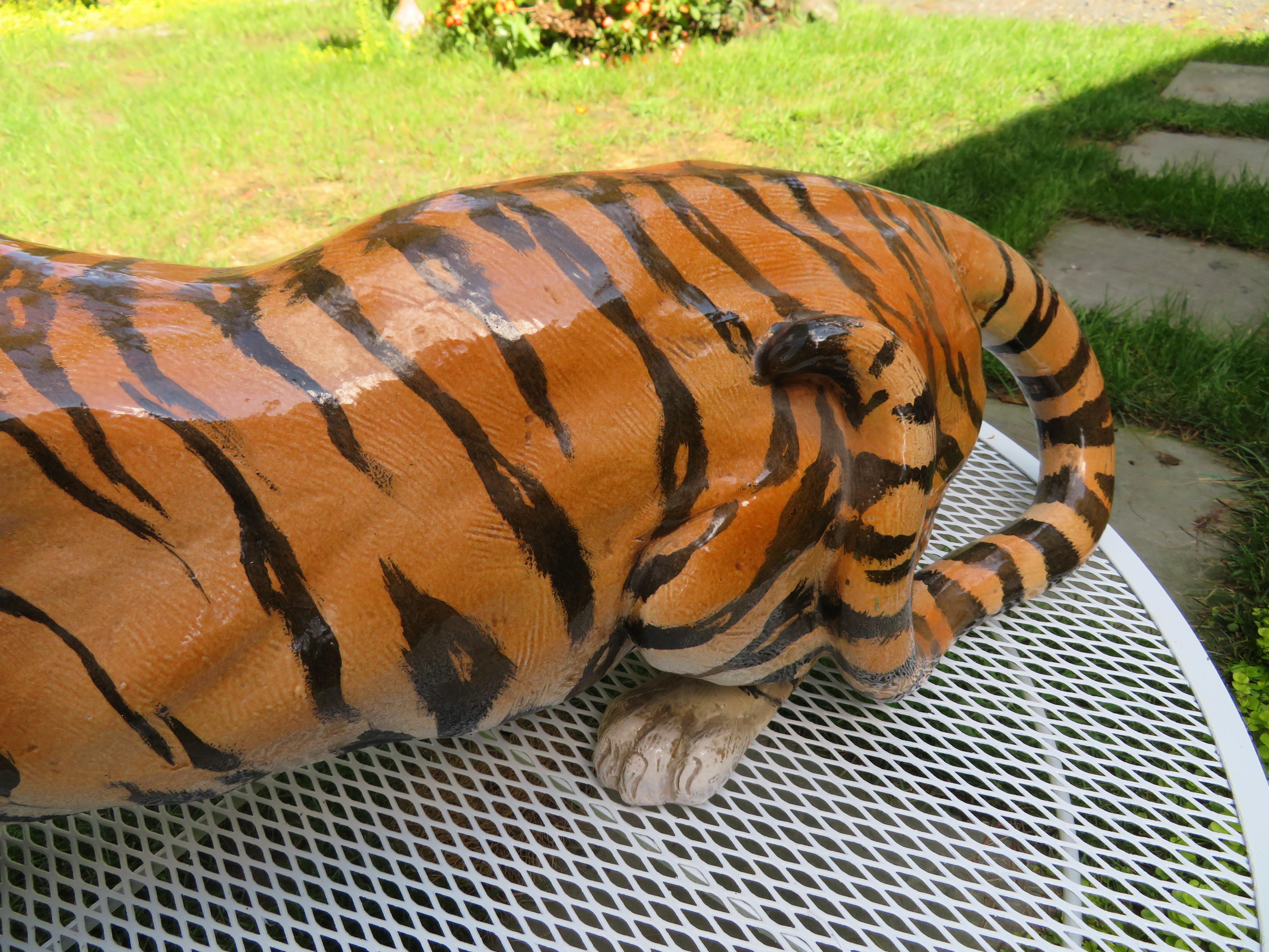 Late 20th Century Vintage Large Italian Ceramic Crouching Tiger Statue Miid-Century Modern For Sale
