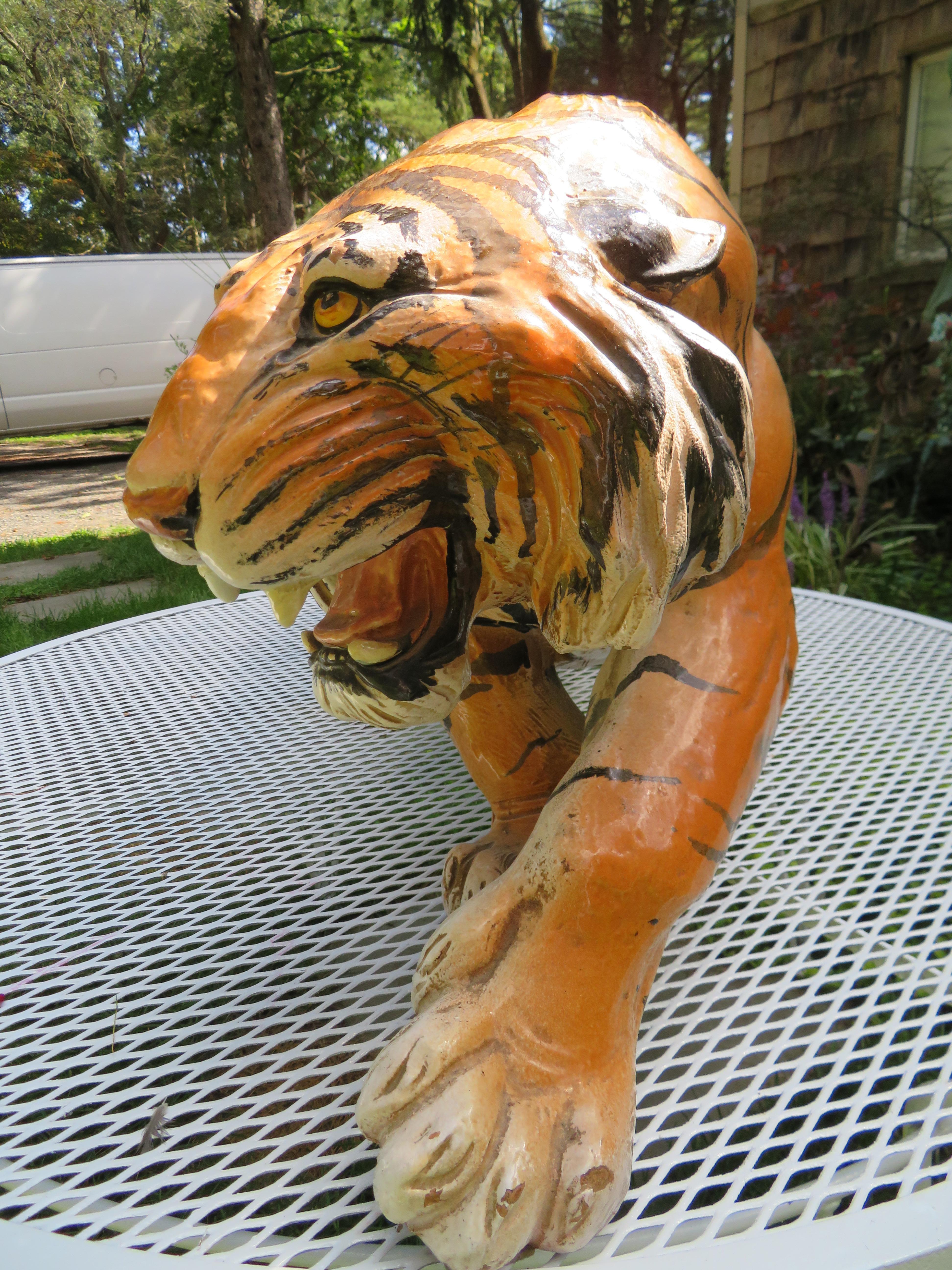 Vintage Large Italian Ceramic Crouching Tiger Statue Miid-Century Modern For Sale 1
