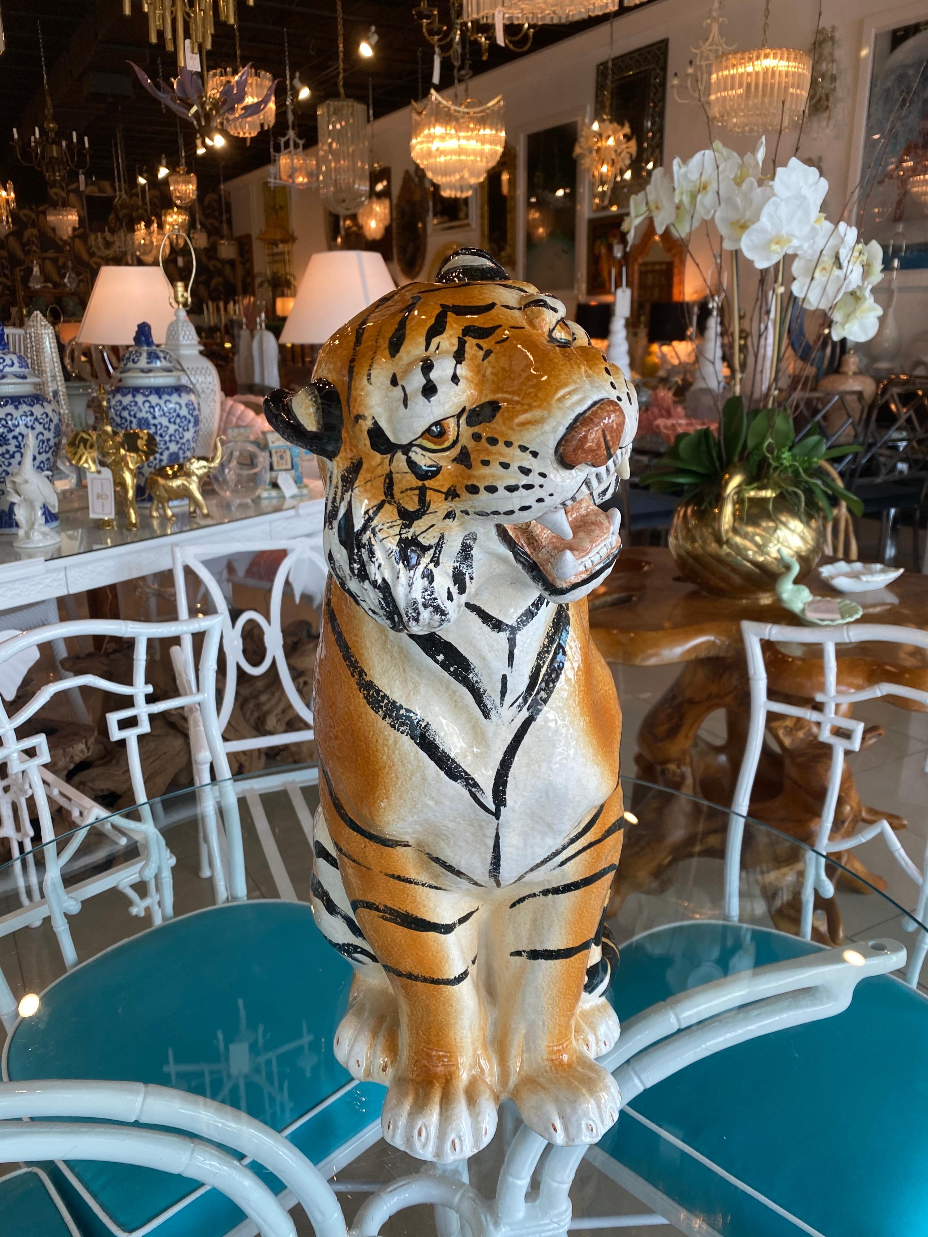 Vintage Large Italian Ceramic Sitting Tiger Statue For Sale 1