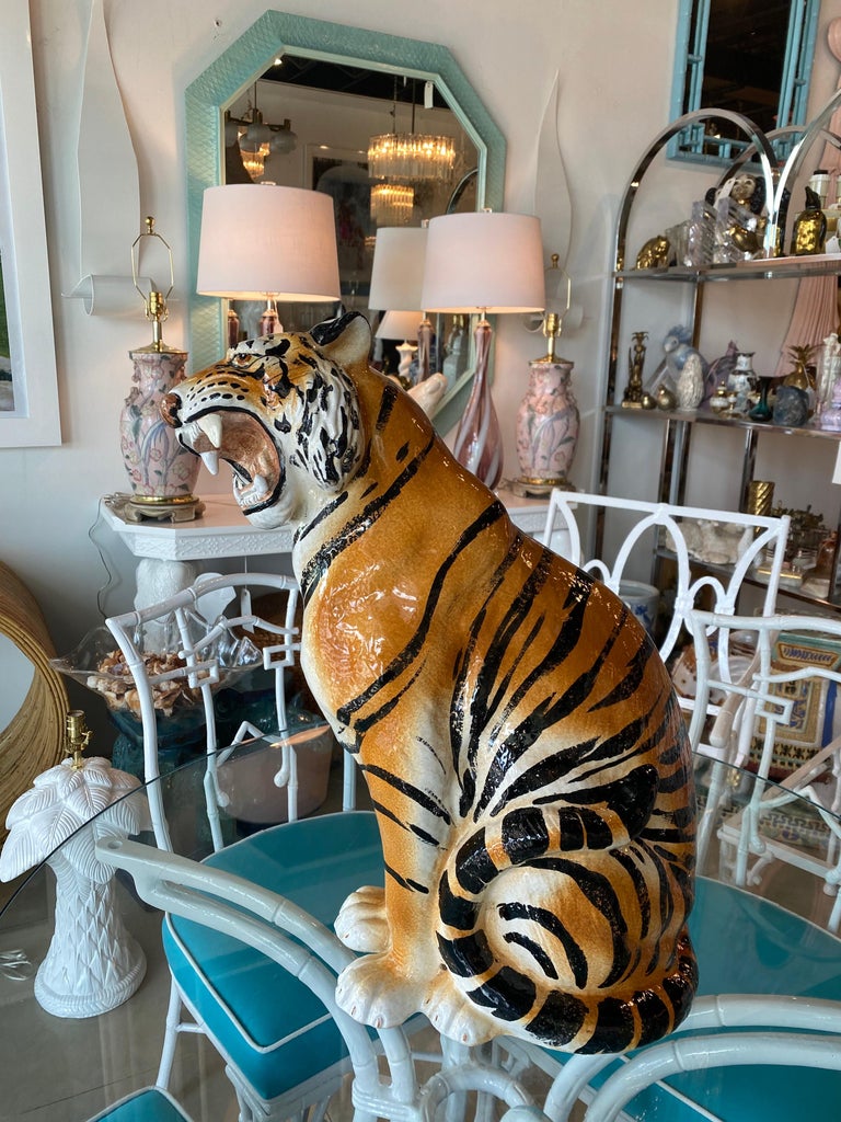 Vintage Large Italian Ceramic Sitting Tiger Statue For Sale 5