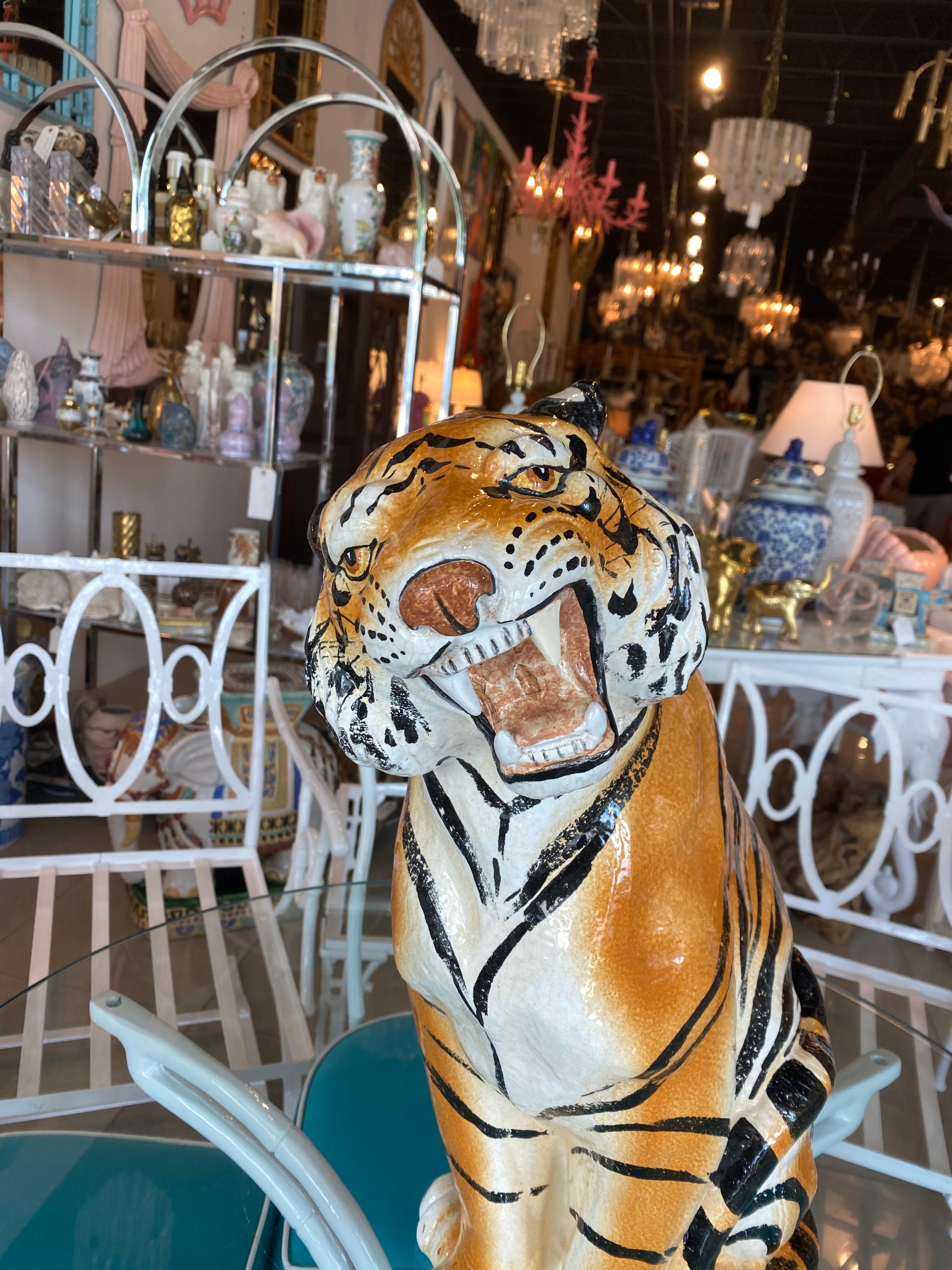 Vintage Large Italian Ceramic Sitting Tiger Statue For Sale 3