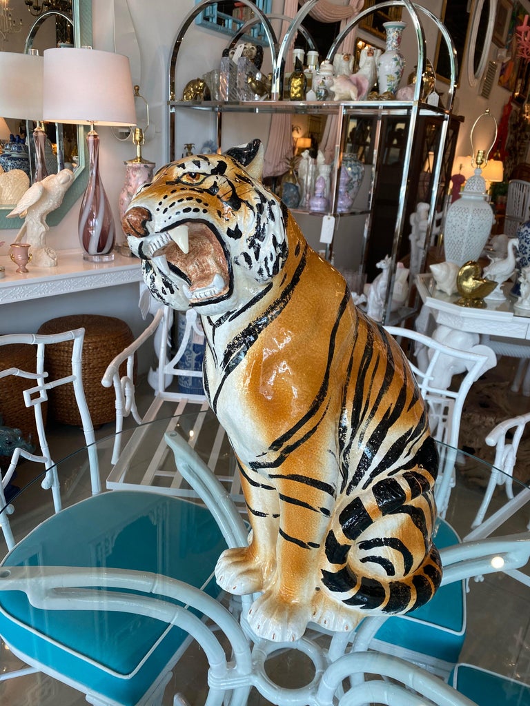 Vintage Large Italian Ceramic Sitting Tiger Statue For Sale 7