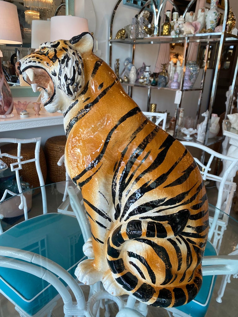 Hollywood Regency Vintage Large Italian Ceramic Sitting Tiger Statue For Sale