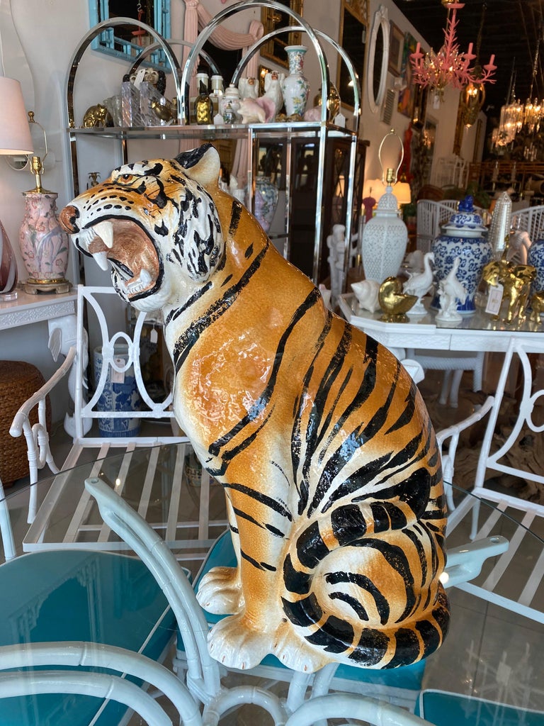Hand-Painted Vintage Large Italian Ceramic Sitting Tiger Statue For Sale