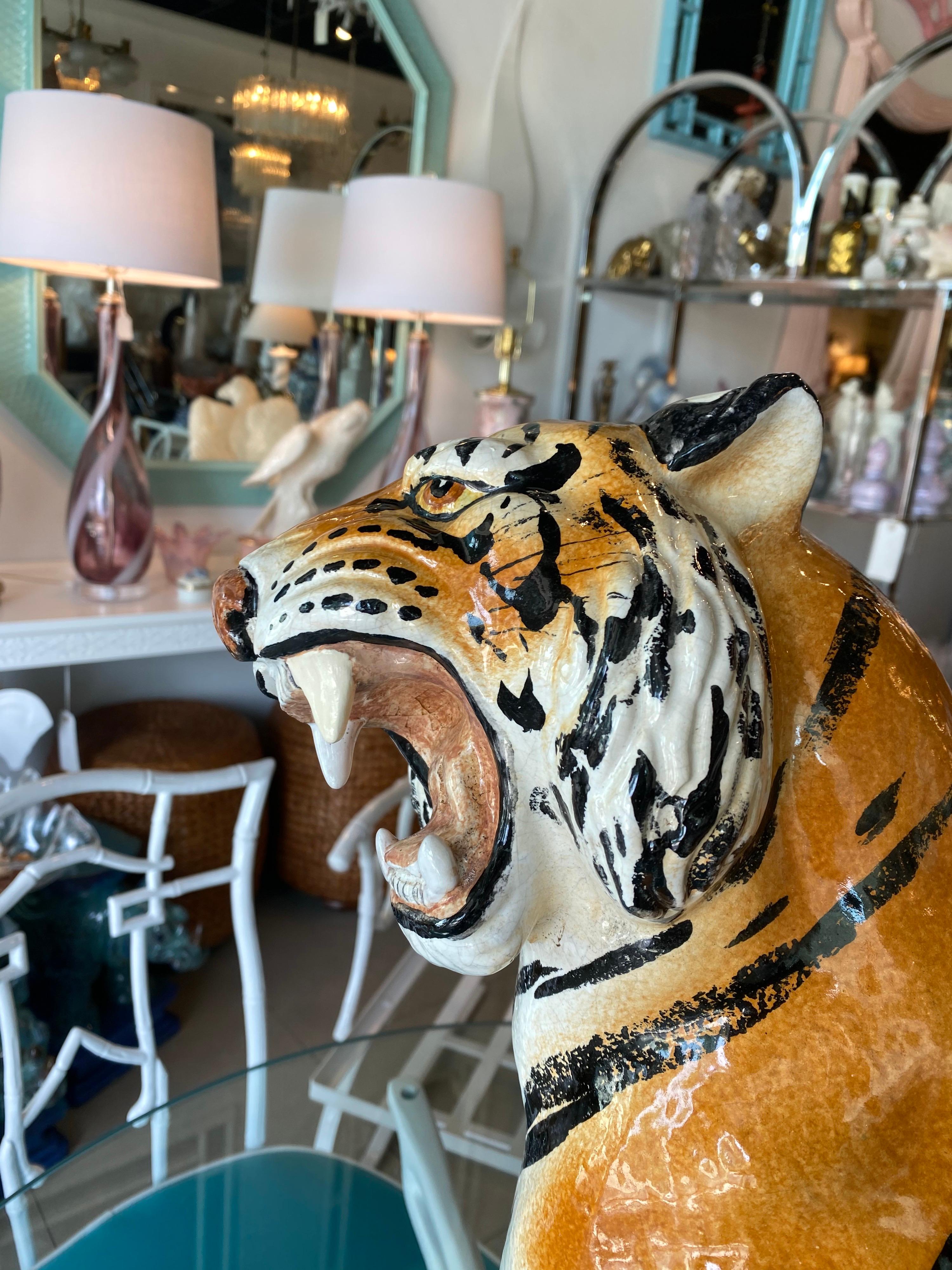 Hollywood Regency Vintage Large Italian Ceramic Sitting Tiger Statue For Sale