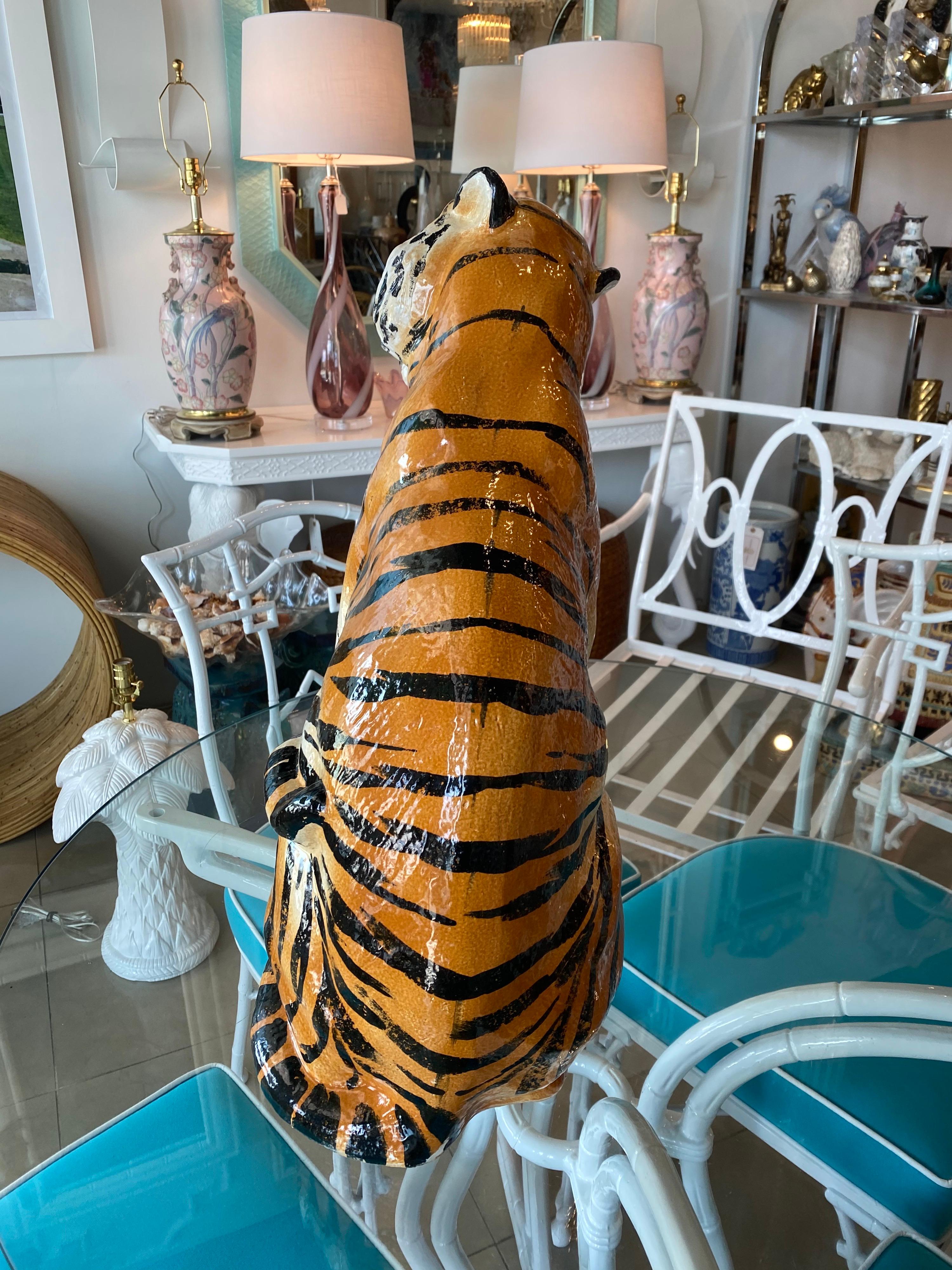 Hand-Painted Vintage Large Italian Ceramic Sitting Tiger Statue For Sale