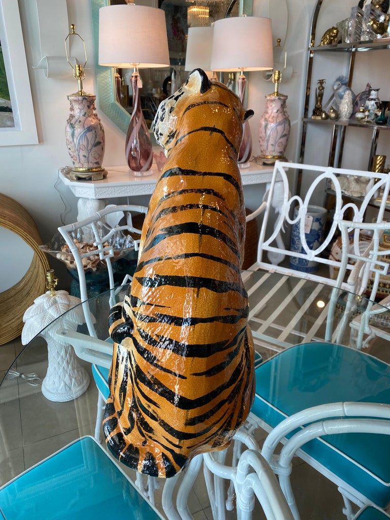 Vintage Large Italian Ceramic Sitting Tiger Statue For Sale 1