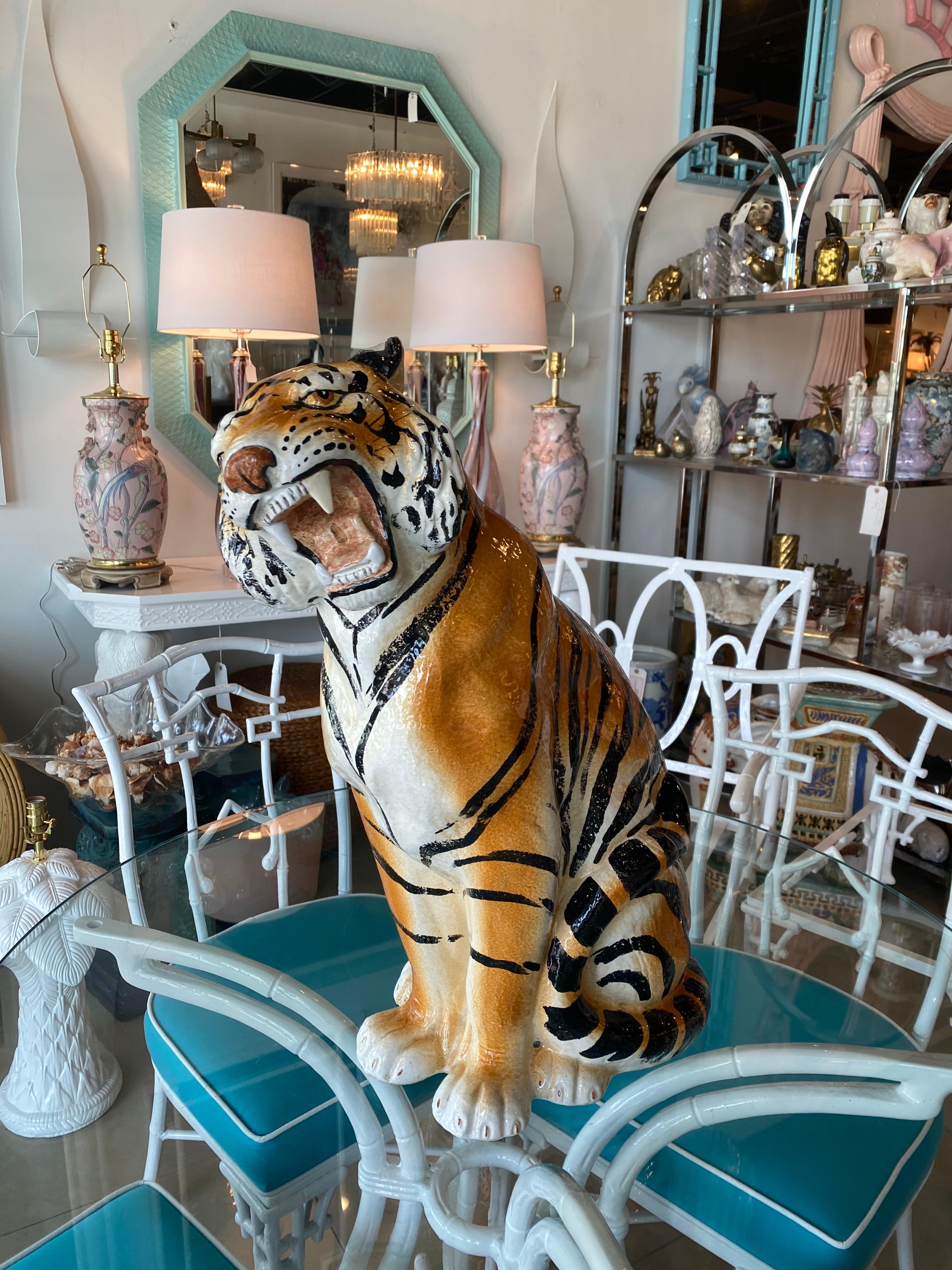 Vintage Large Italian Ceramic Sitting Tiger Statue In Good Condition For Sale In West Palm Beach, FL